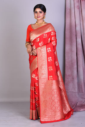 Red Blended Organza Saree with Golden Zari - Keya Seth Exclusive