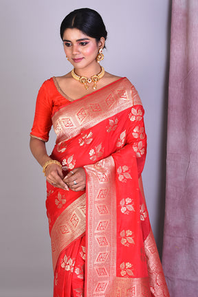 Red Blended Organza Saree with Golden Zari - Keya Seth Exclusive