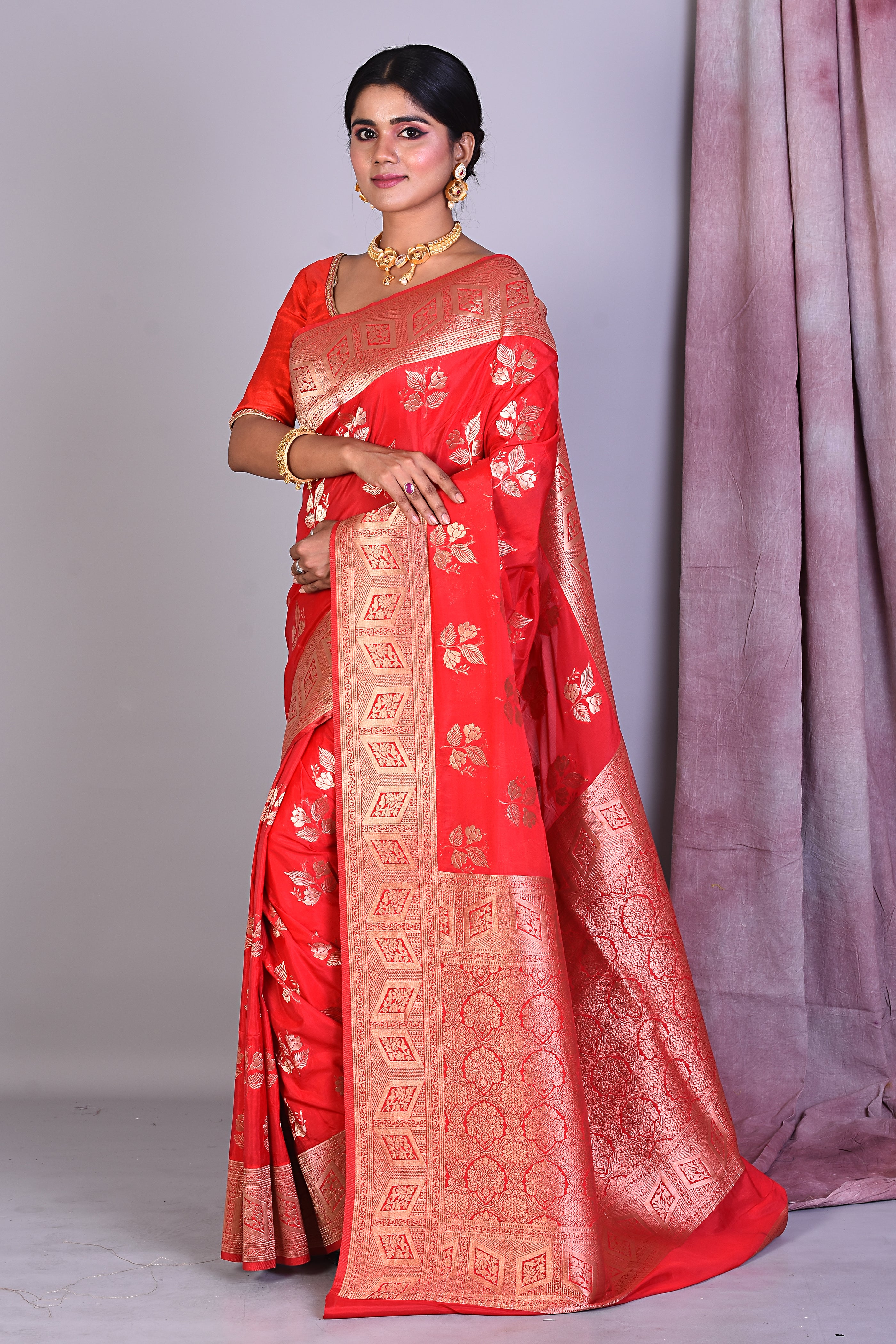 Red Blended Organza Saree with Golden Zari - Keya Seth Exclusive