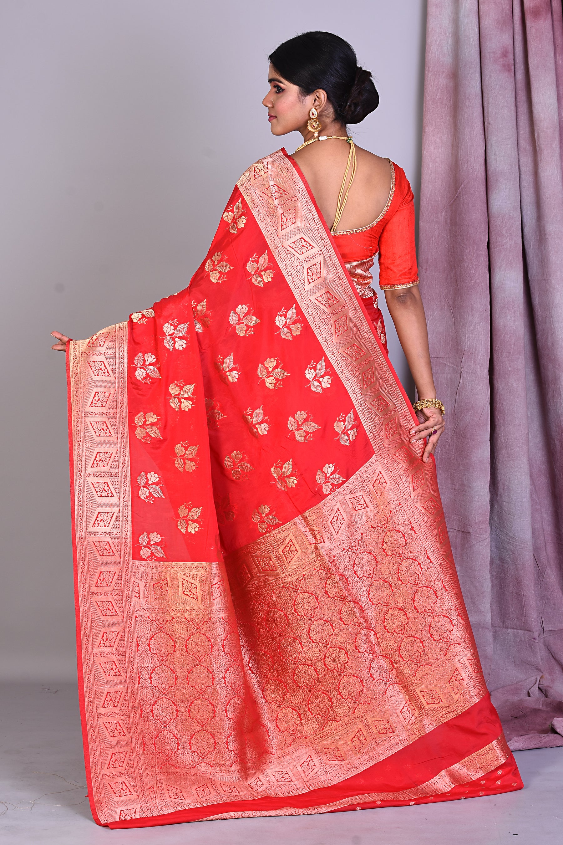 Red Blended Organza Saree with Golden Zari - Keya Seth Exclusive