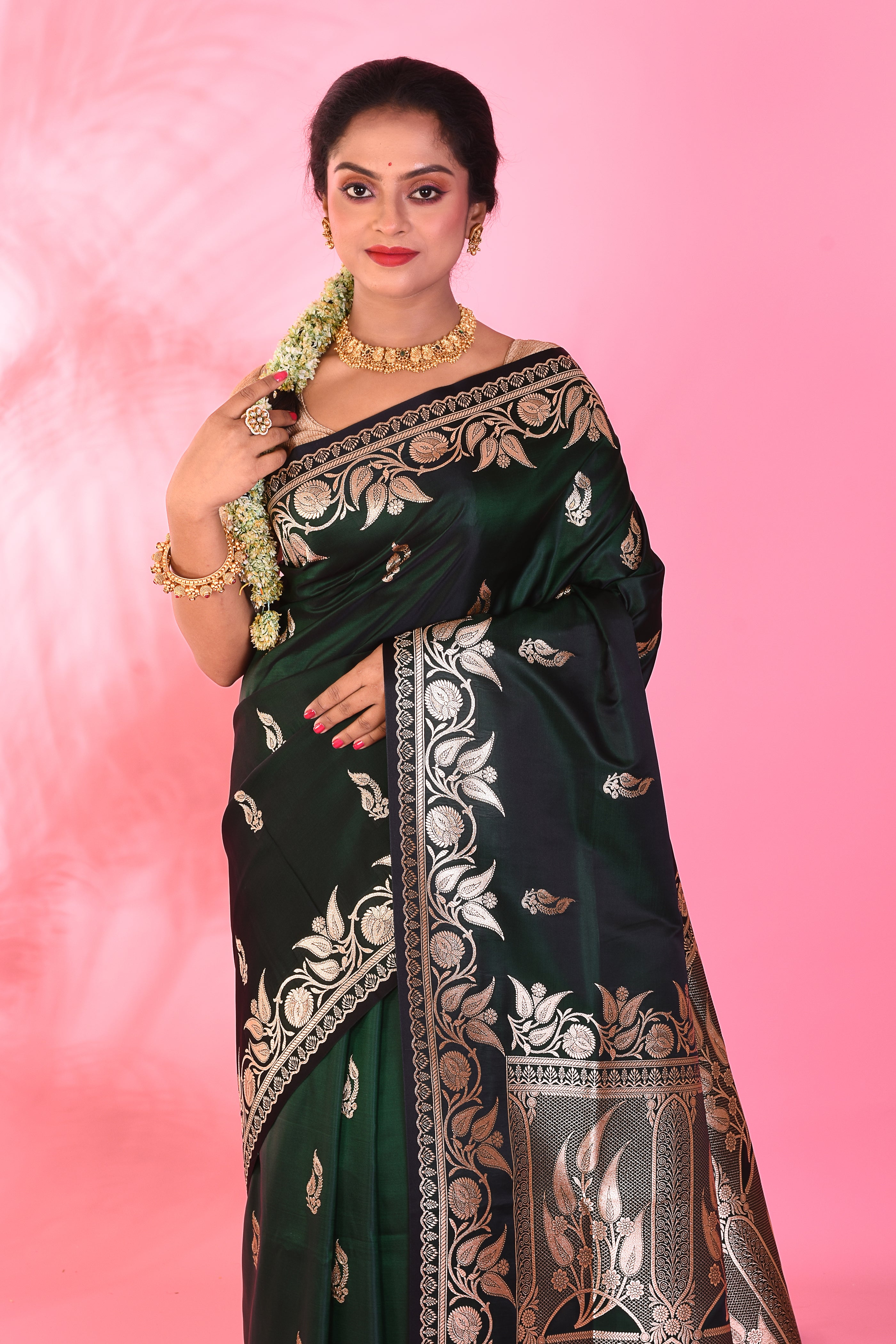 Deep Green Mushroo Silk Saree - Keya Seth Exclusive