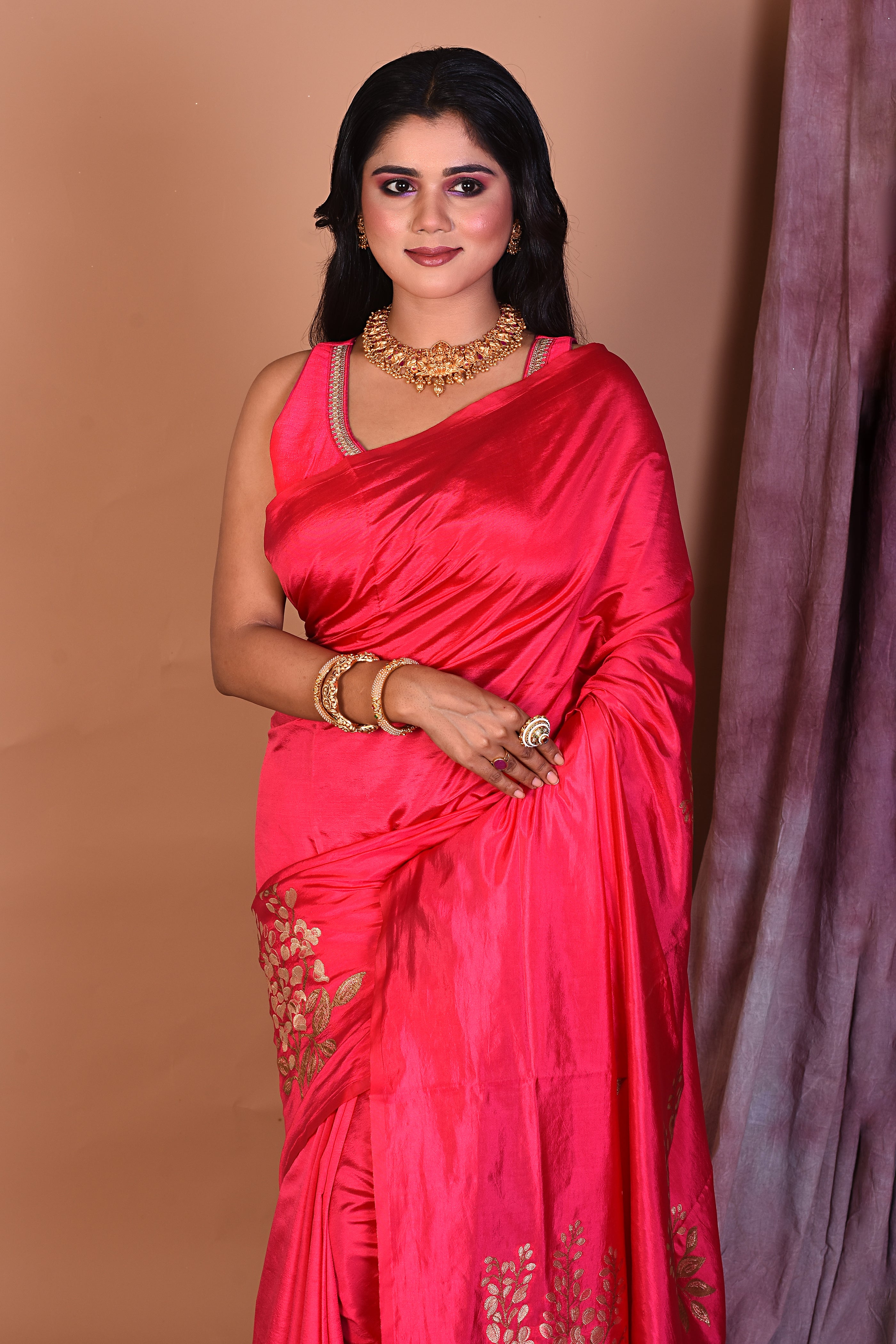 Pink Borderless Art Silk Saree - Keya Seth Exclusive