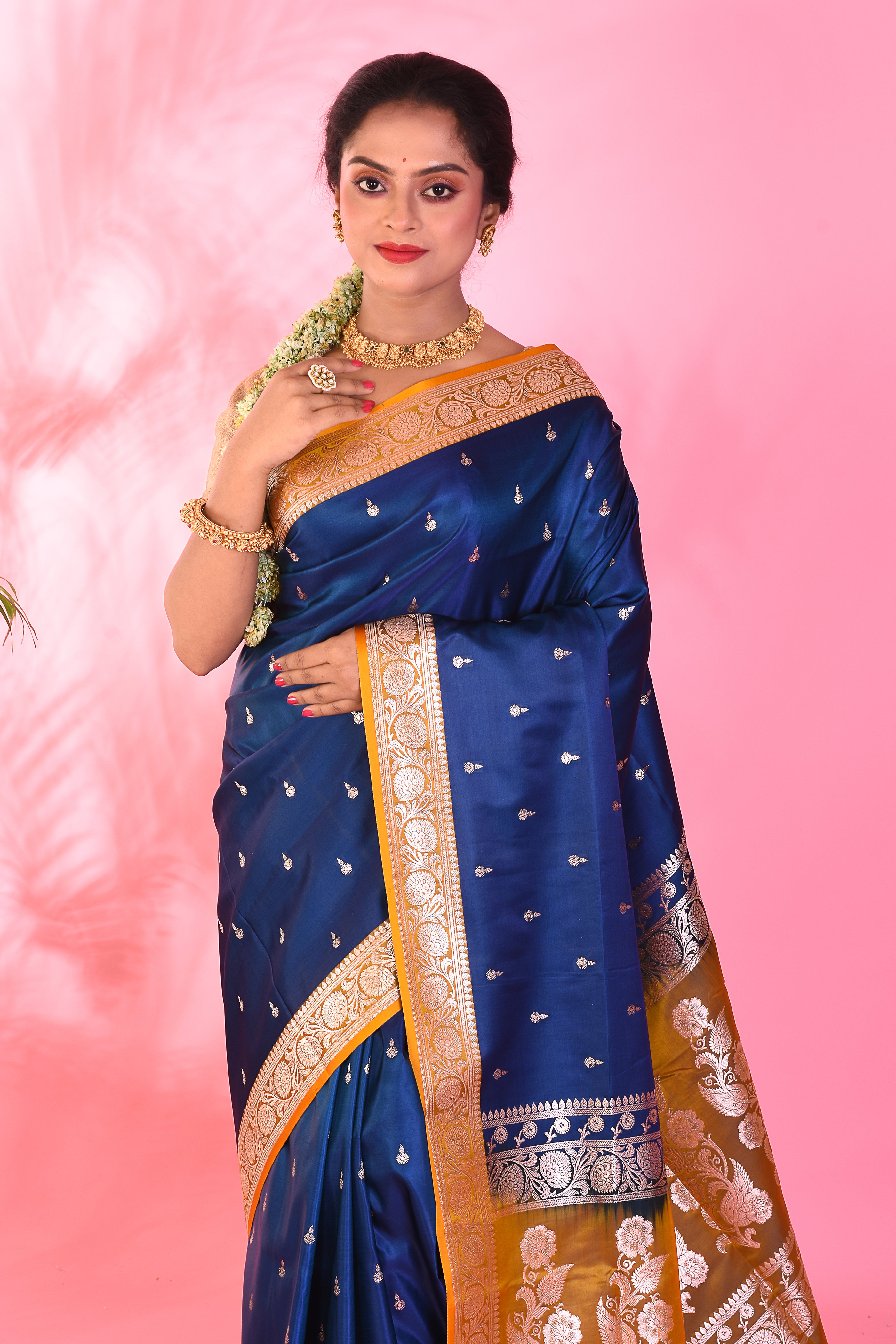 Navy Blue Mushroo Silk Saree - Keya Seth Exclusive