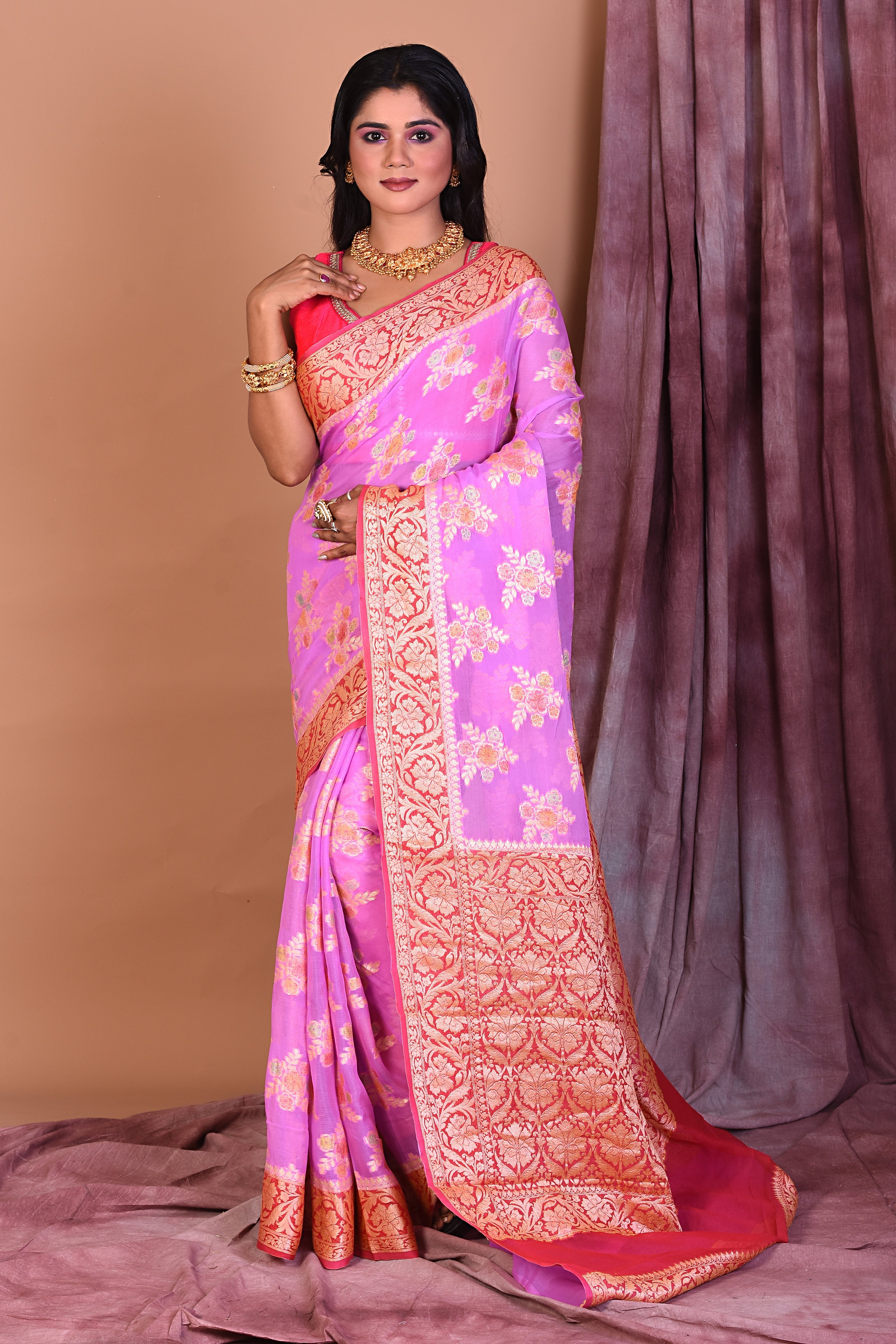 Lavender Floral Soft Georgette Saree with Pink Borders - Keya Seth Exclusive