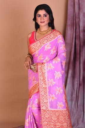 Lavender Floral Soft Georgette Saree with Pink Borders - Keya Seth Exclusive