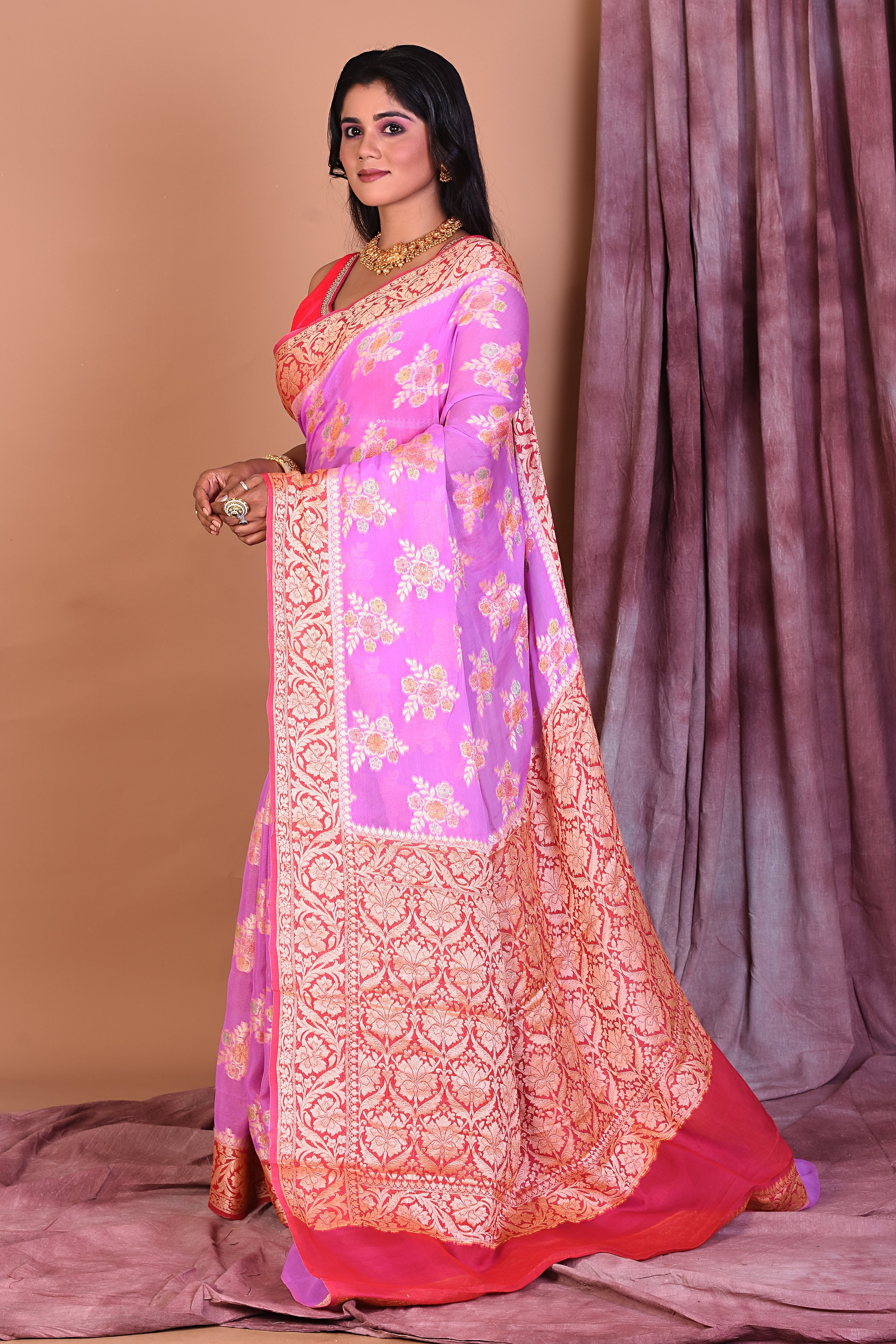 Lavender Floral Soft Georgette Saree with Pink Borders - Keya Seth Exclusive