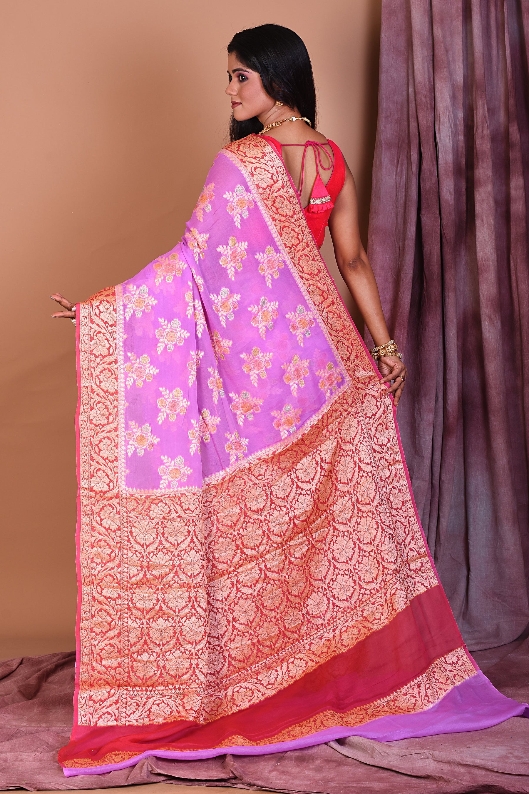 Lavender Floral Soft Georgette Saree with Pink Borders - Keya Seth Exclusive