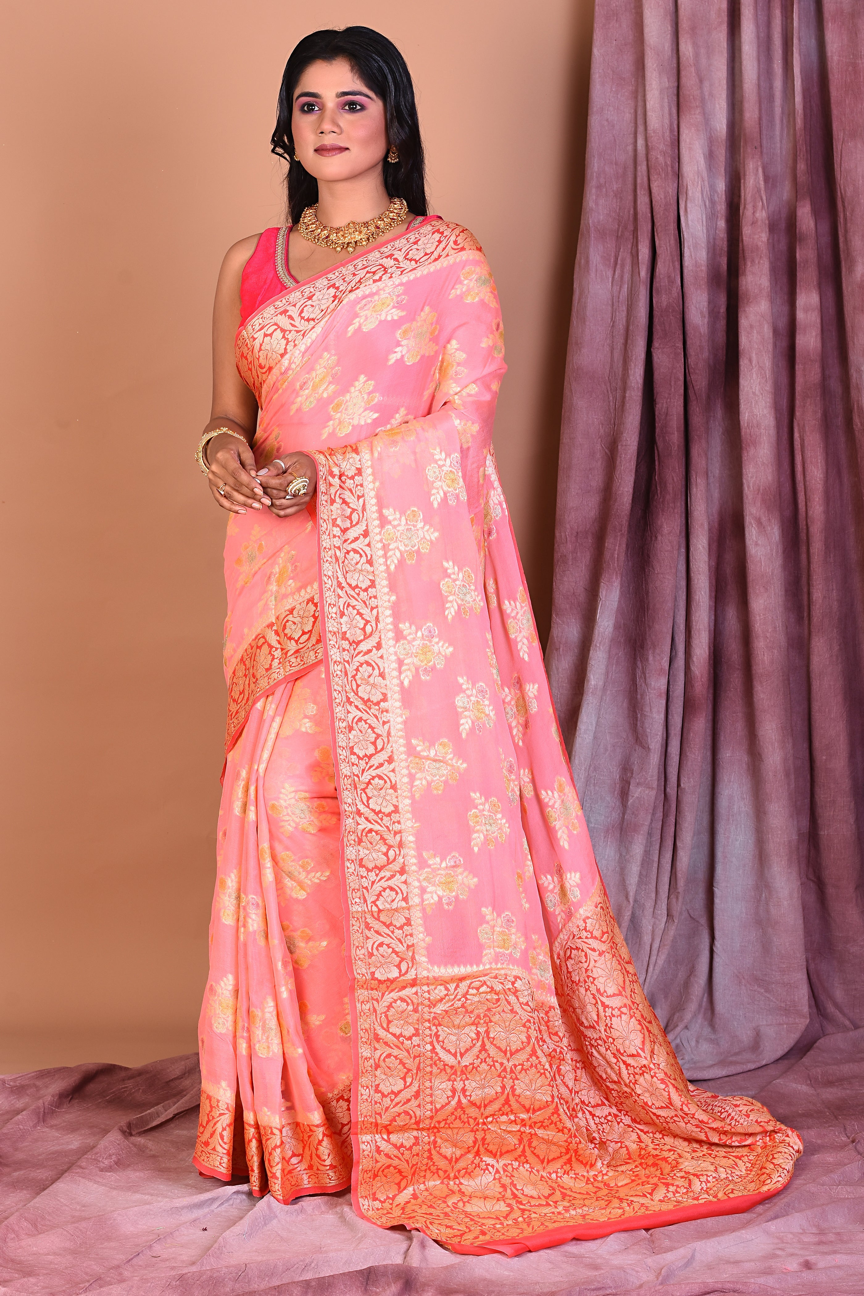 Peach Floral Soft Georgette Saree with Pink Borders - Keya Seth Exclusive