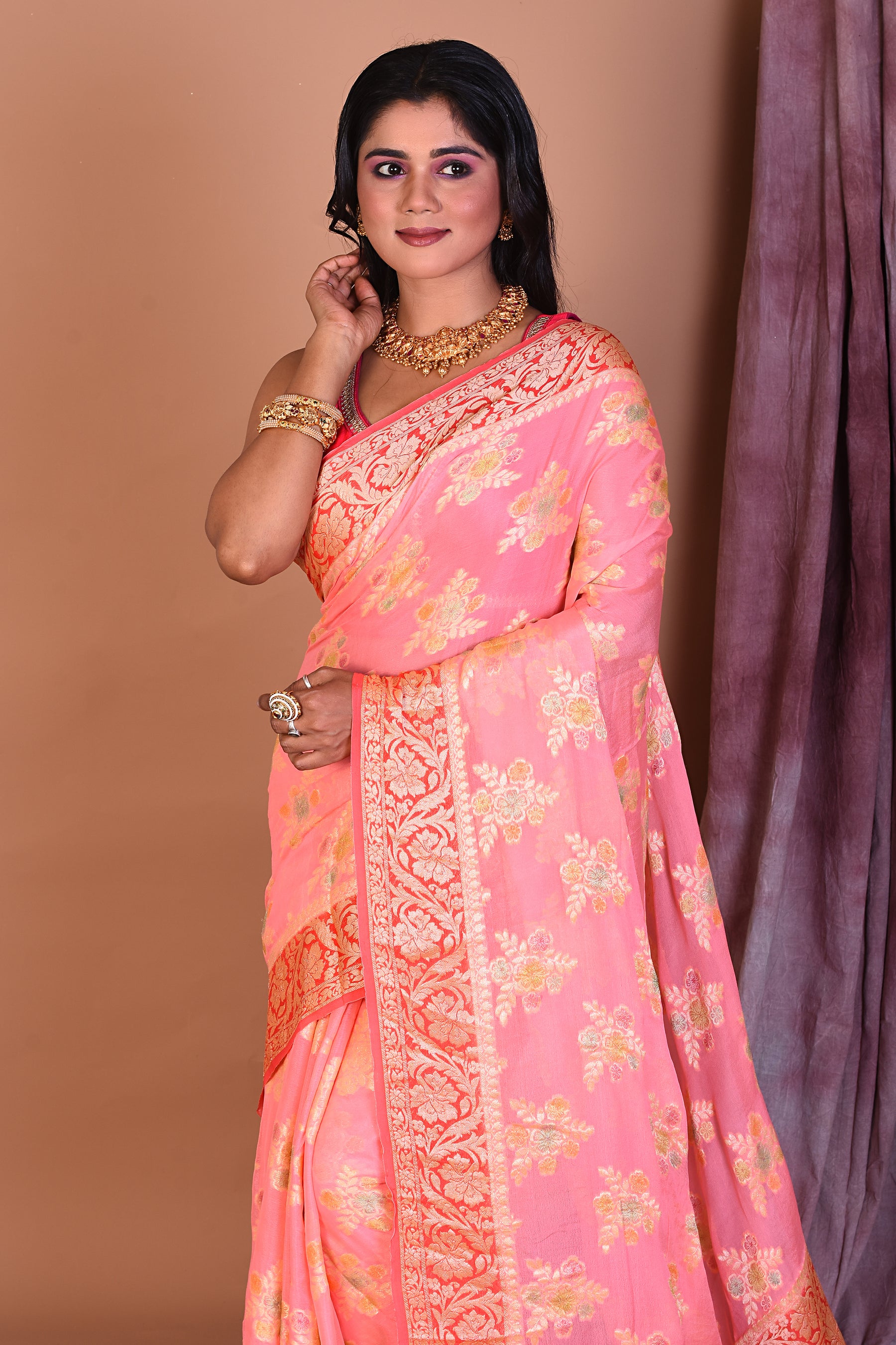 Peach Floral Soft Georgette Saree with Pink Borders - Keya Seth Exclusive