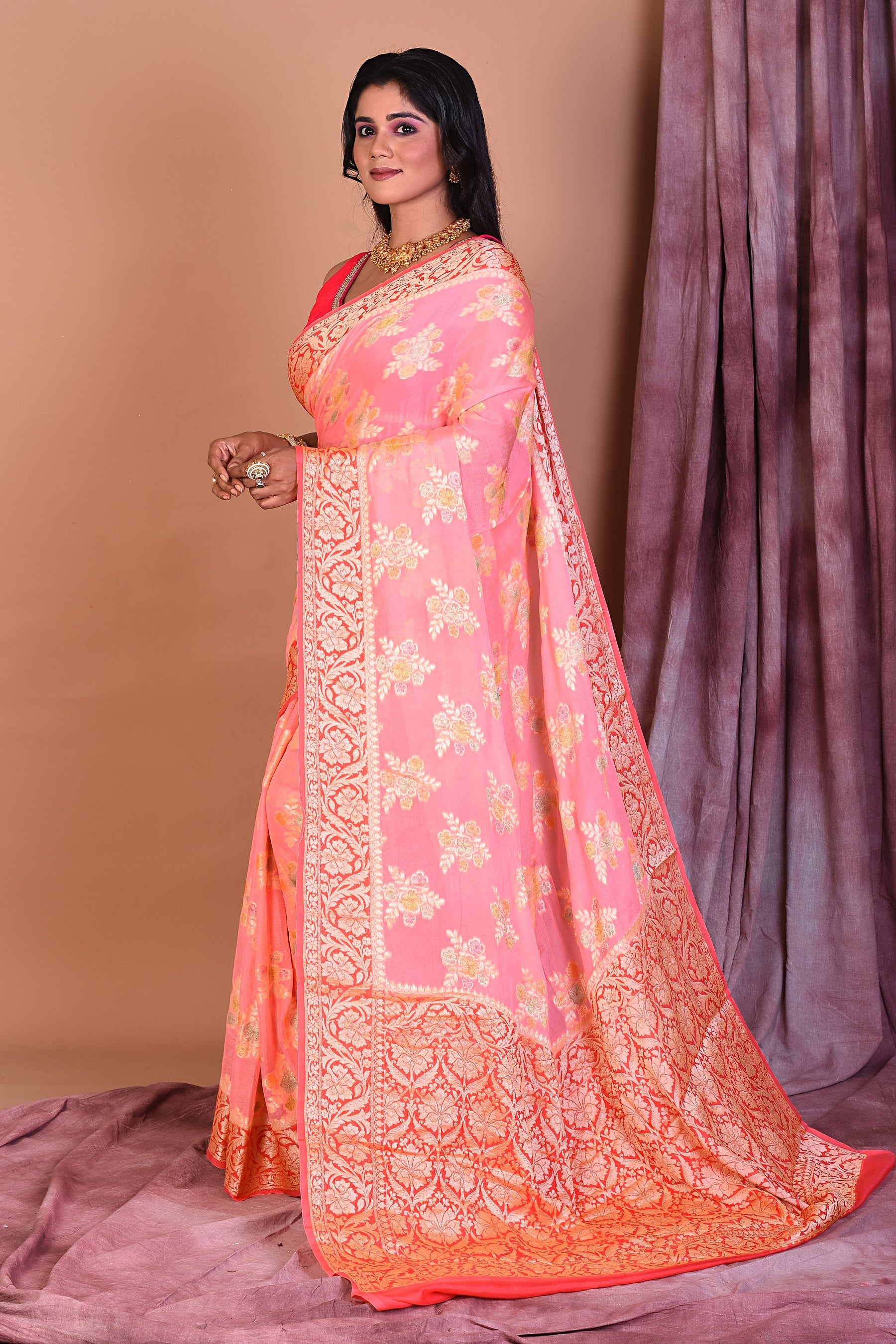 Peach Floral Soft Georgette Saree with Pink Borders - Keya Seth Exclusive