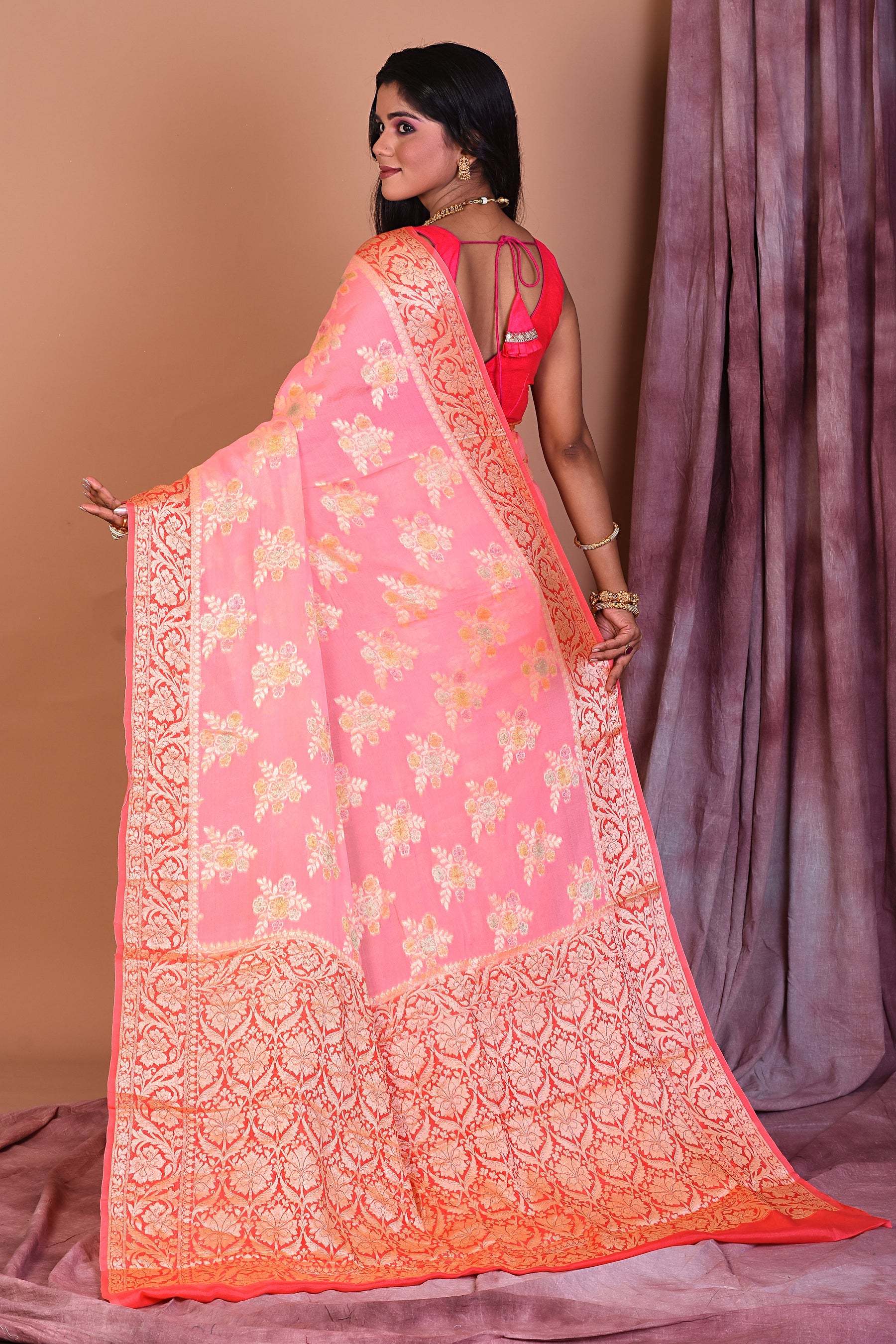 Peach Floral Soft Georgette Saree with Pink Borders - Keya Seth Exclusive