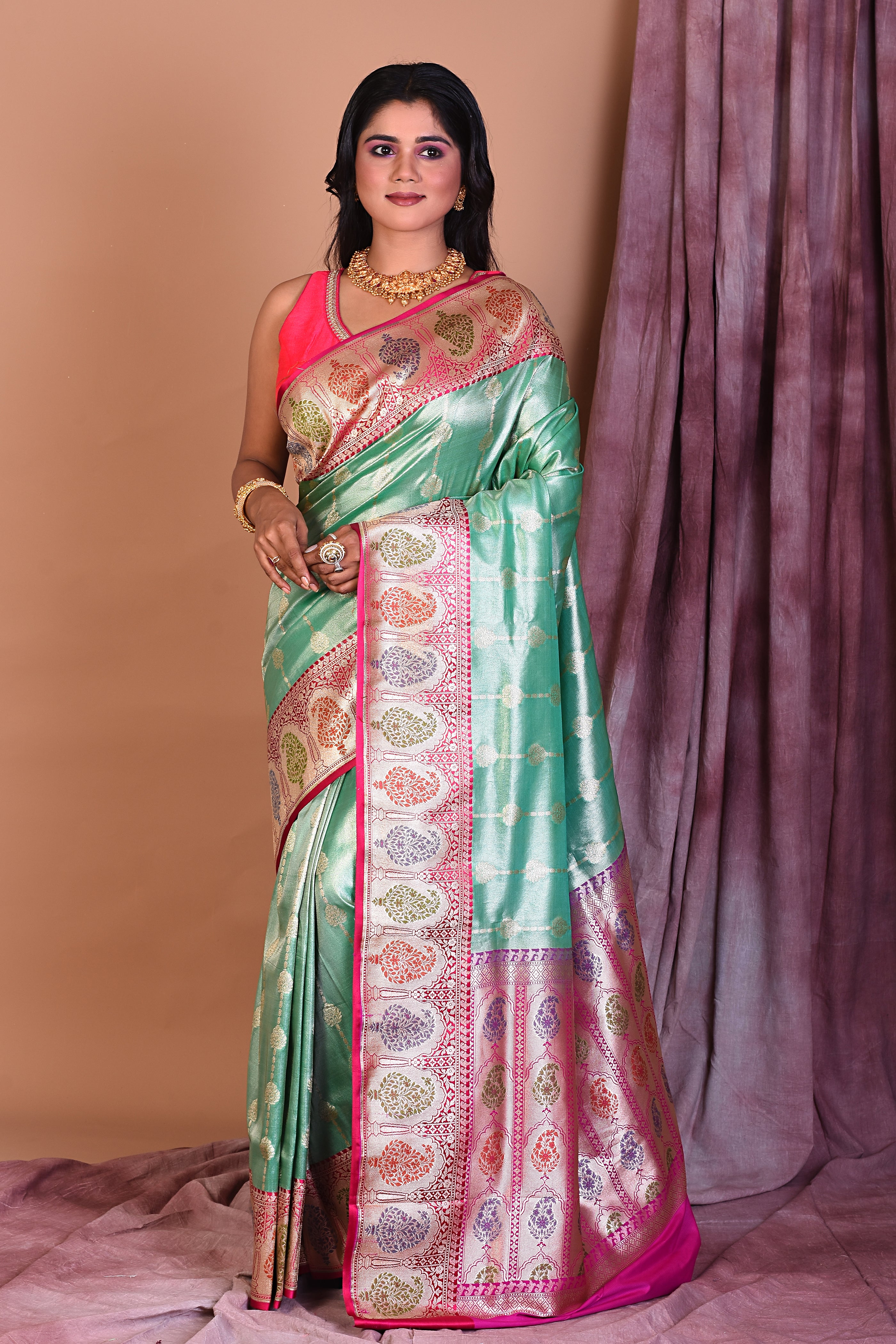 Sea Green Blended Tissue Saree with Paisley Motifs - Keya Seth Exclusive