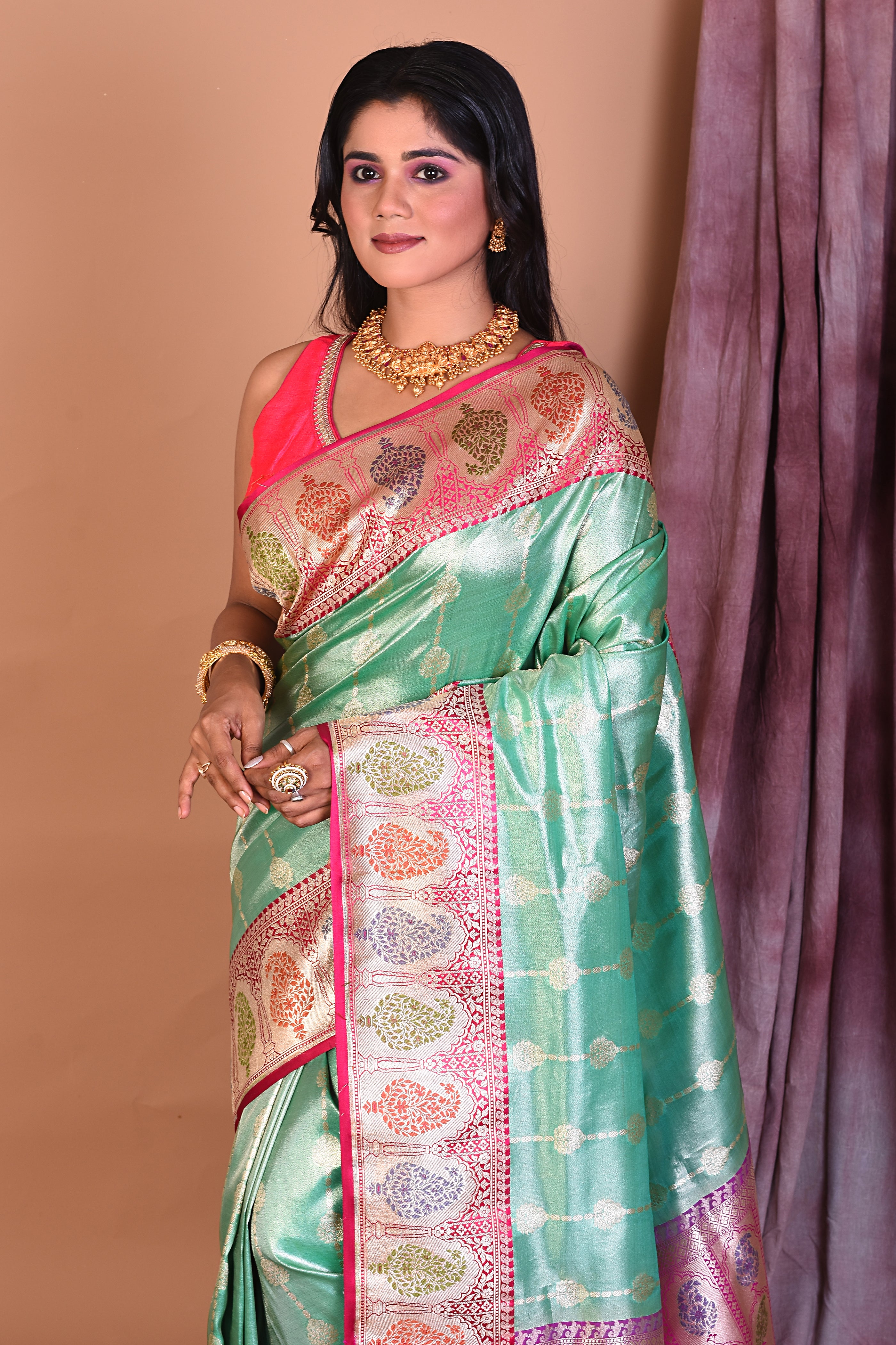 Sea Green Blended Tissue Saree with Paisley Motifs - Keya Seth Exclusive