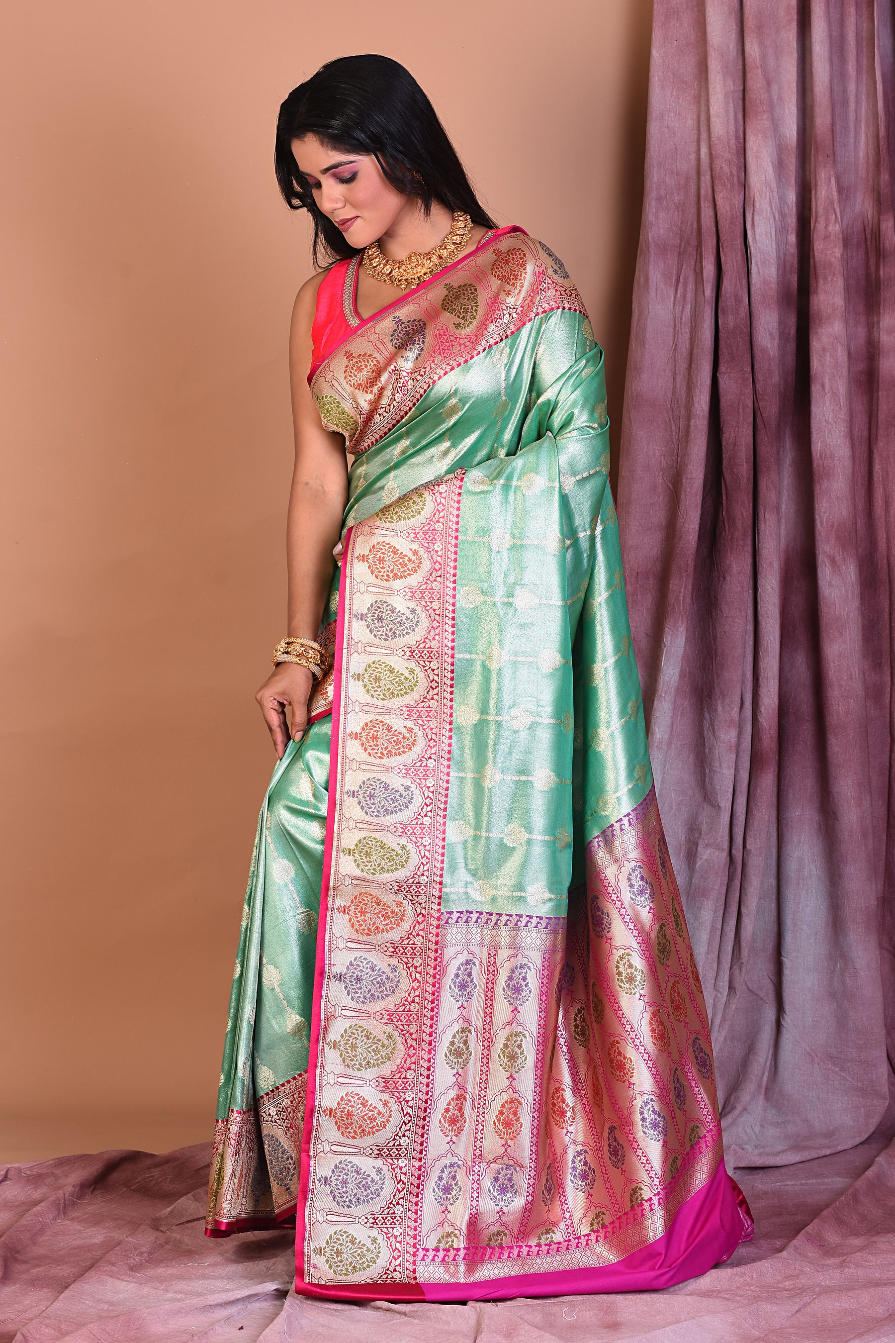 Sea Green Blended Tissue Saree with Paisley Motifs - Keya Seth Exclusive