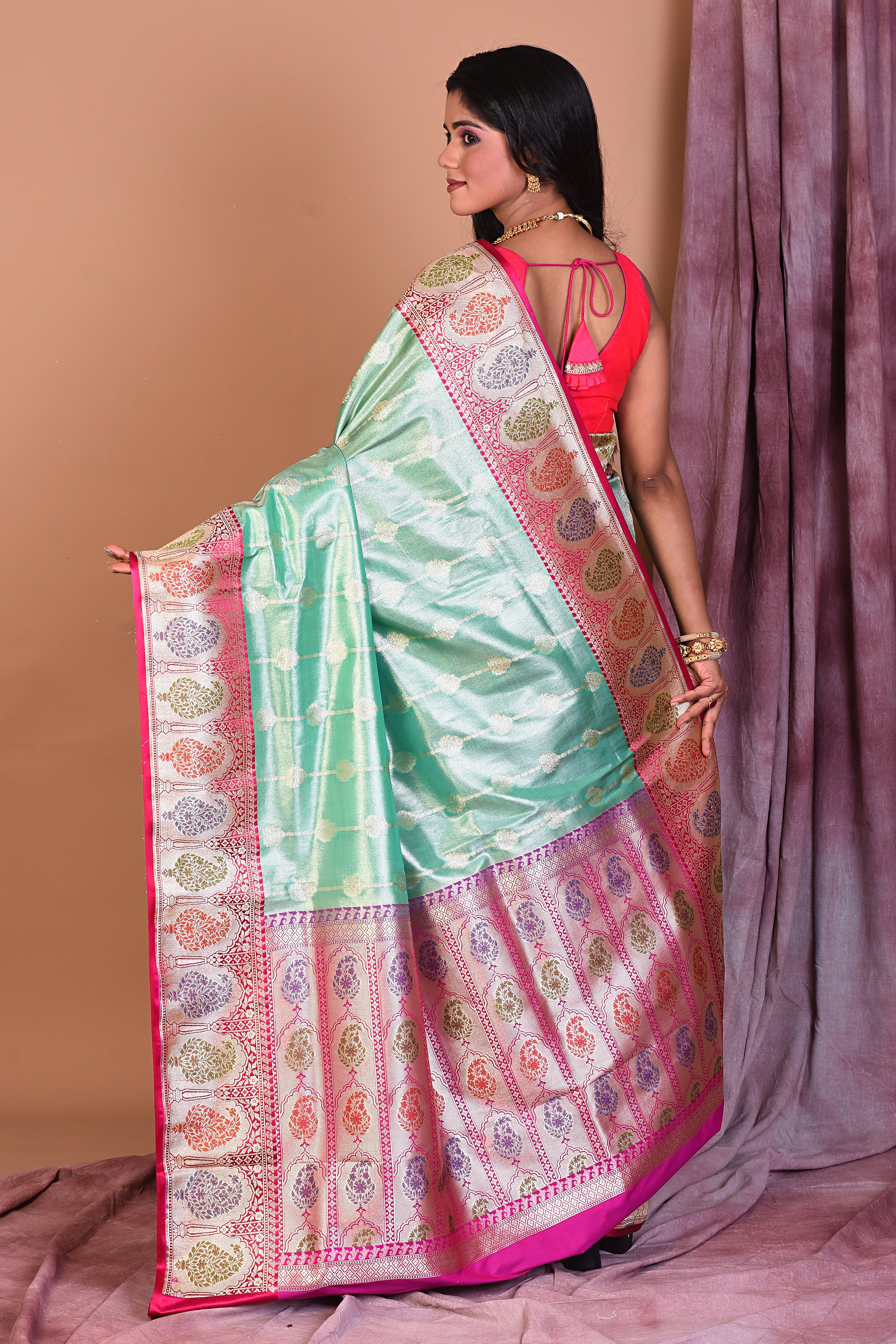 Sea Green Blended Tissue Saree with Paisley Motifs - Keya Seth Exclusive