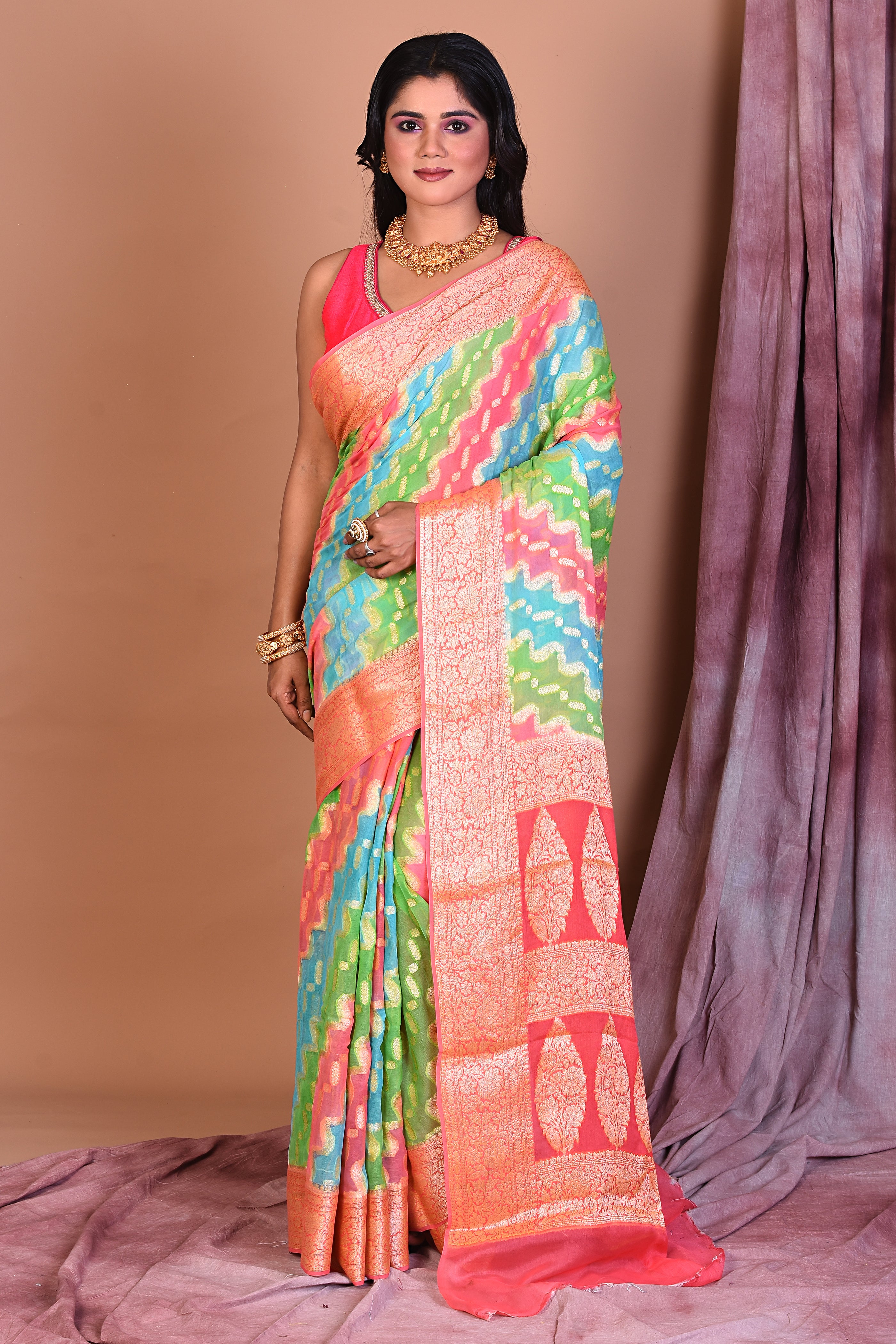 Multicolored Khaddi Georgette Saree with Peach Borders - Keya Seth Exclusive