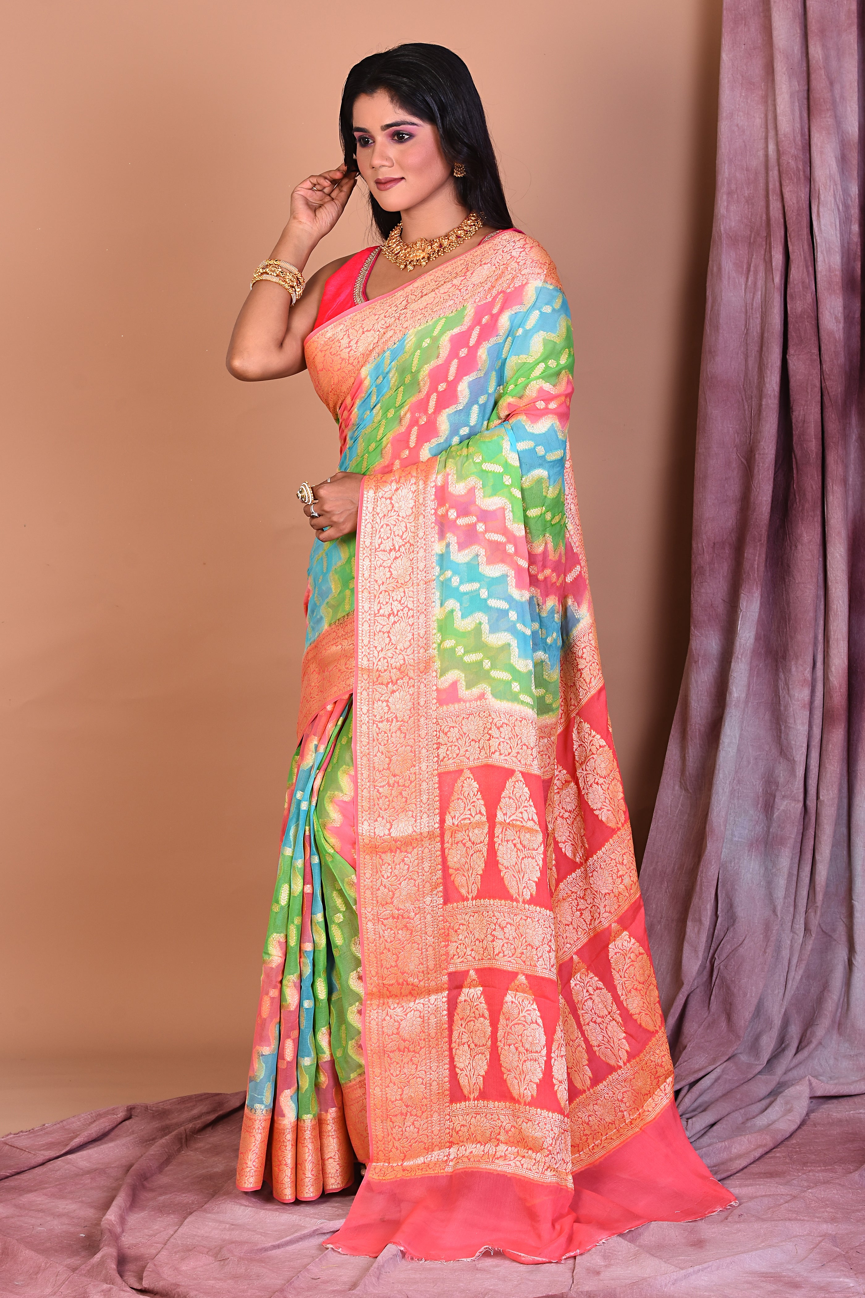 Multicolored Khaddi Georgette Saree with Peach Borders - Keya Seth Exclusive