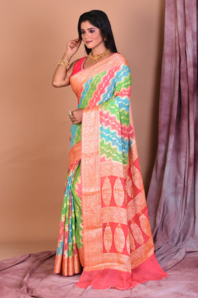 Multicolored Khaddi Georgette Saree with Peach Borders - Keya Seth Exclusive