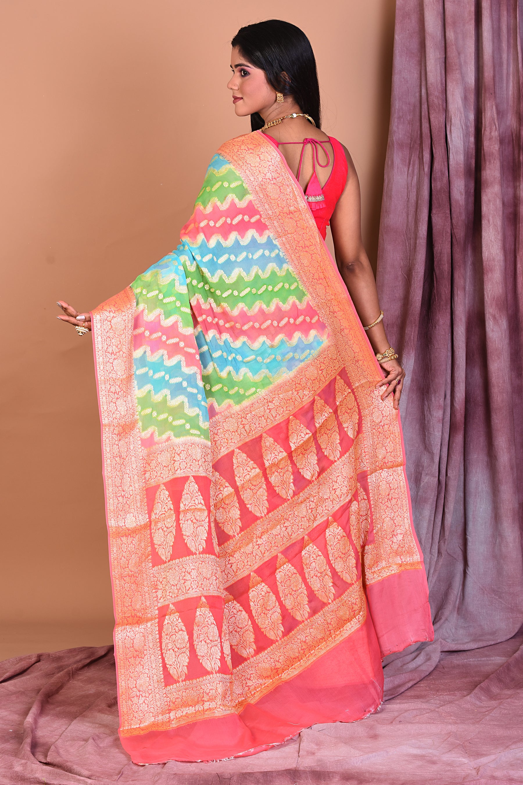 Multicolored Khaddi Georgette Saree with Peach Borders - Keya Seth Exclusive