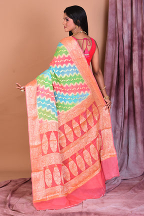 Multicolored Khaddi Georgette Saree with Peach Borders - Keya Seth Exclusive