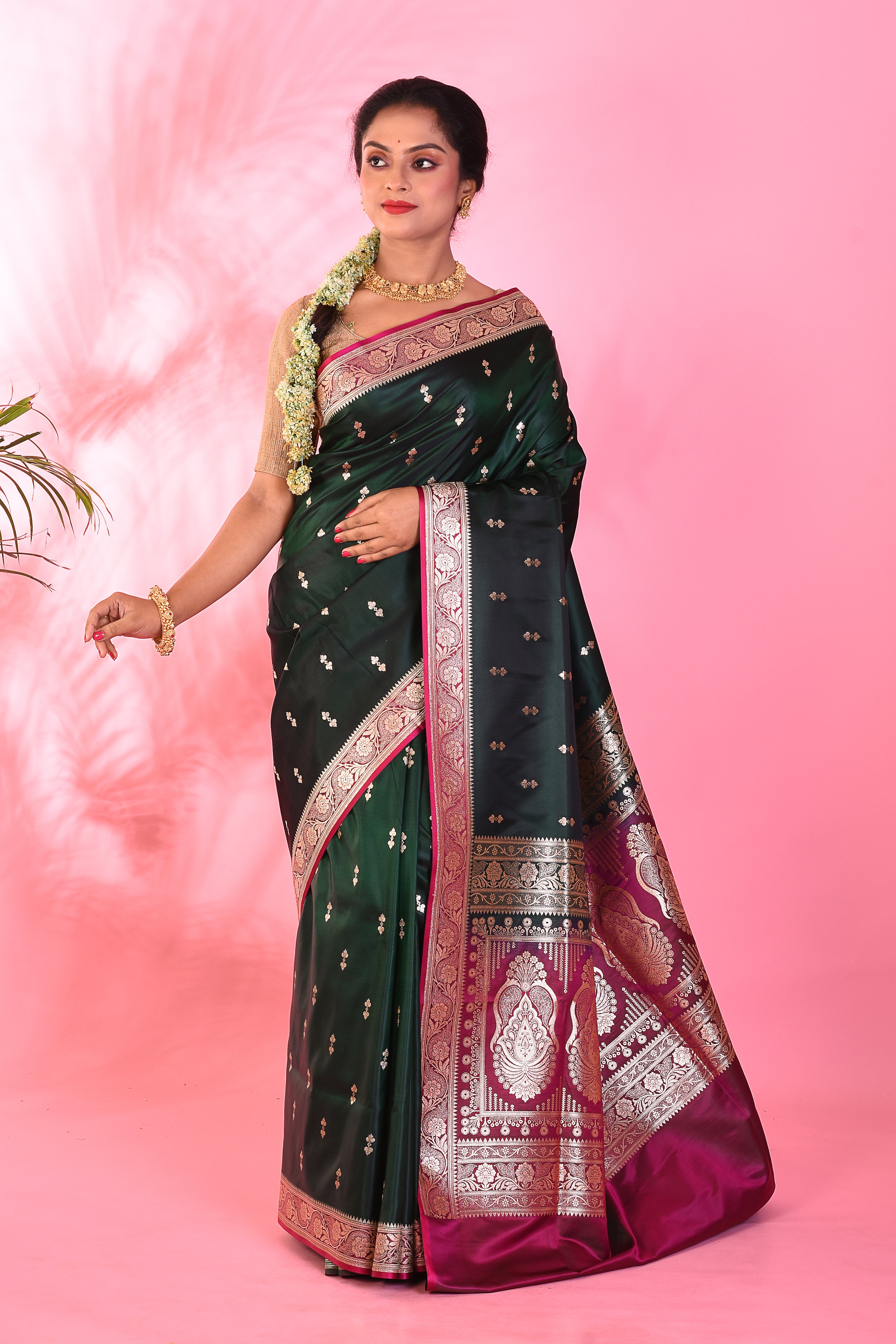 Deep Green Mushroo Silk Saree - Keya Seth Exclusive