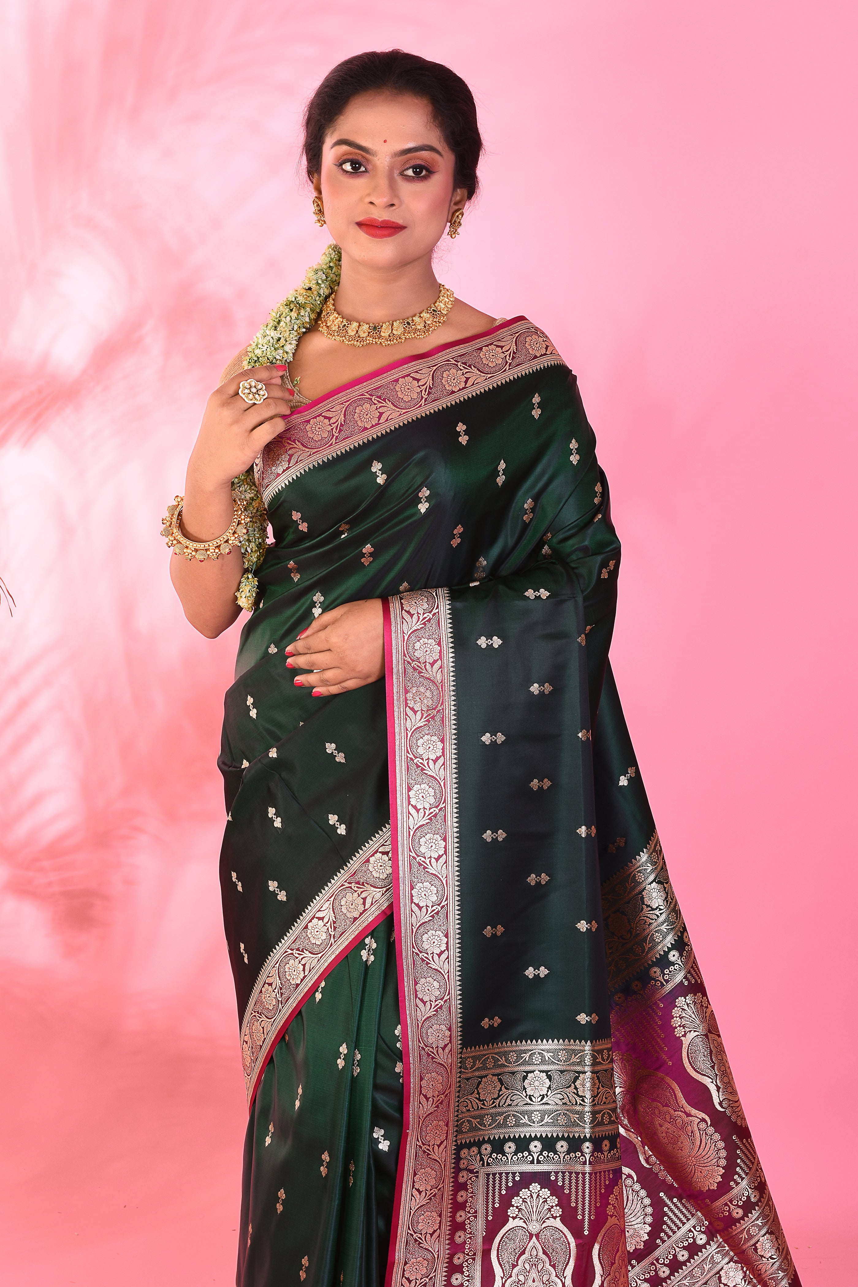 Deep Green Mushroo Silk Saree - Keya Seth Exclusive