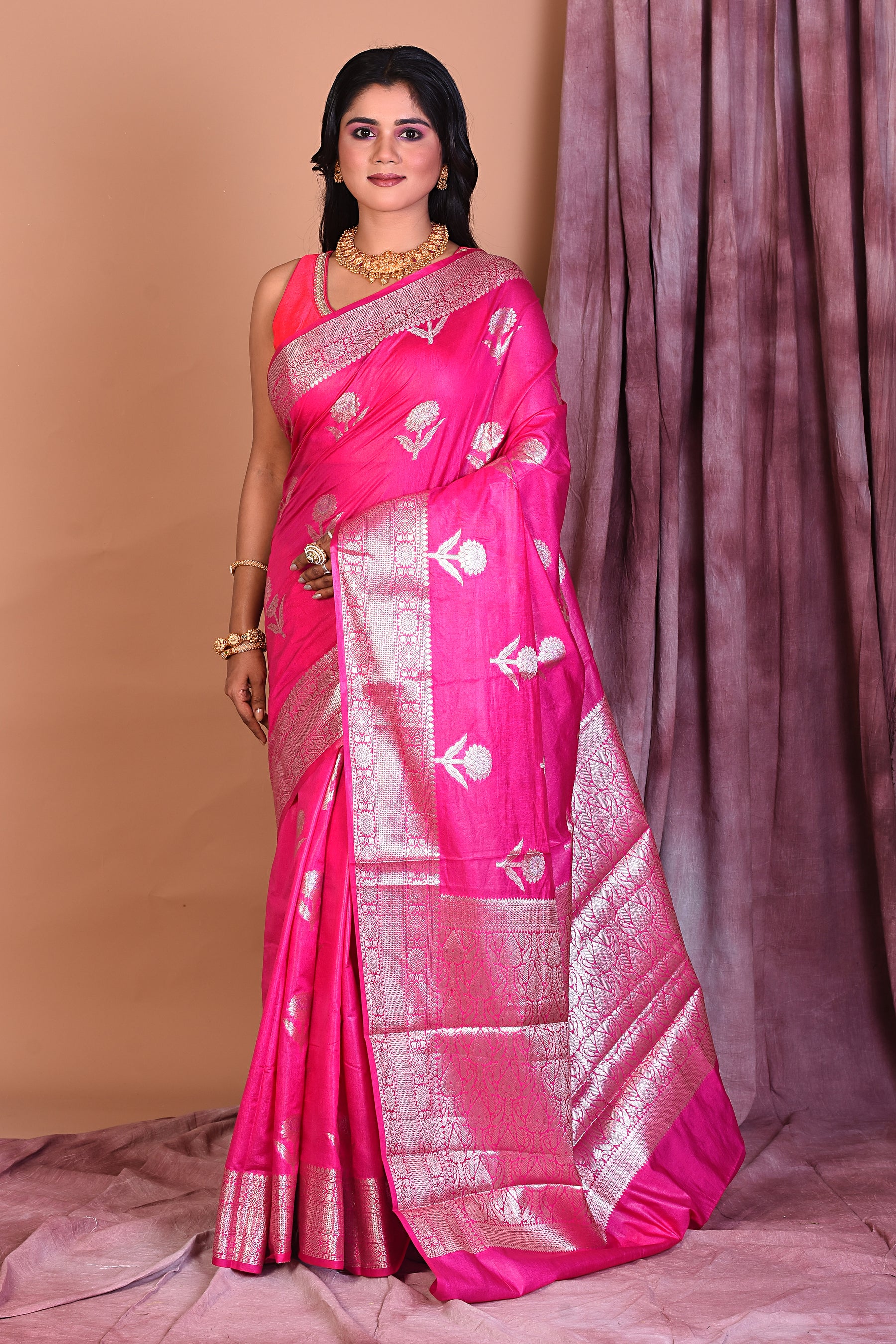 Pink Blended Semi Katan Saree with Golden Border - Keya Seth Exclusive