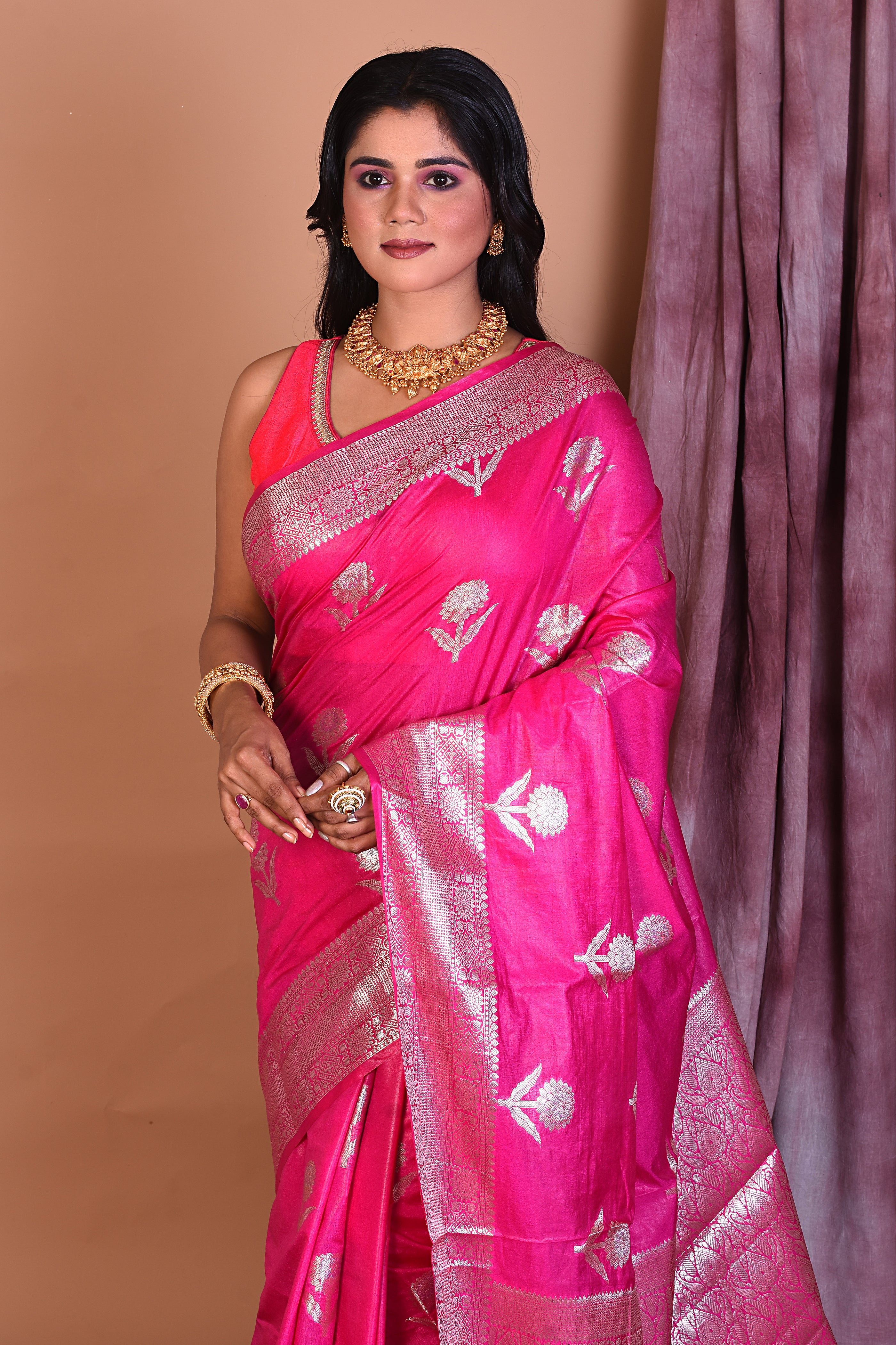 Pink Blended Semi Katan Saree with Golden Border - Keya Seth Exclusive