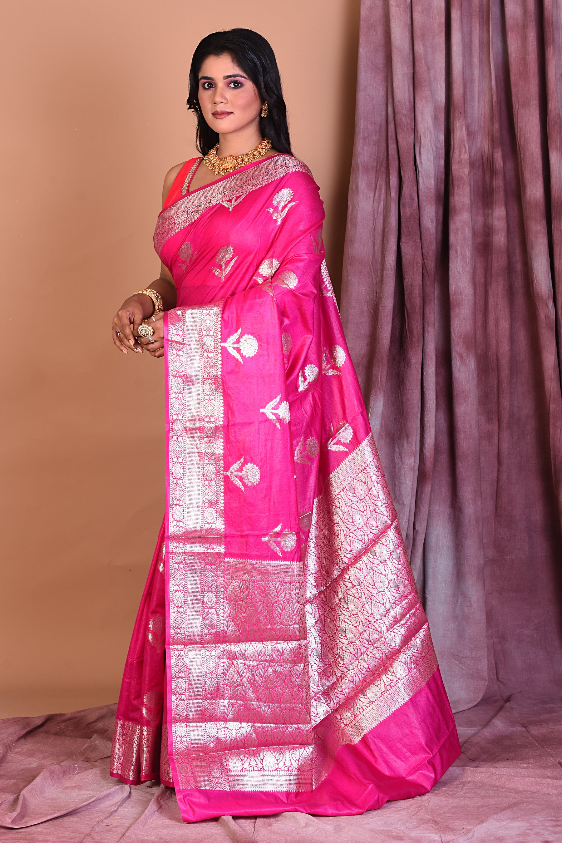 Pink Blended Semi Katan Saree with Golden Border - Keya Seth Exclusive