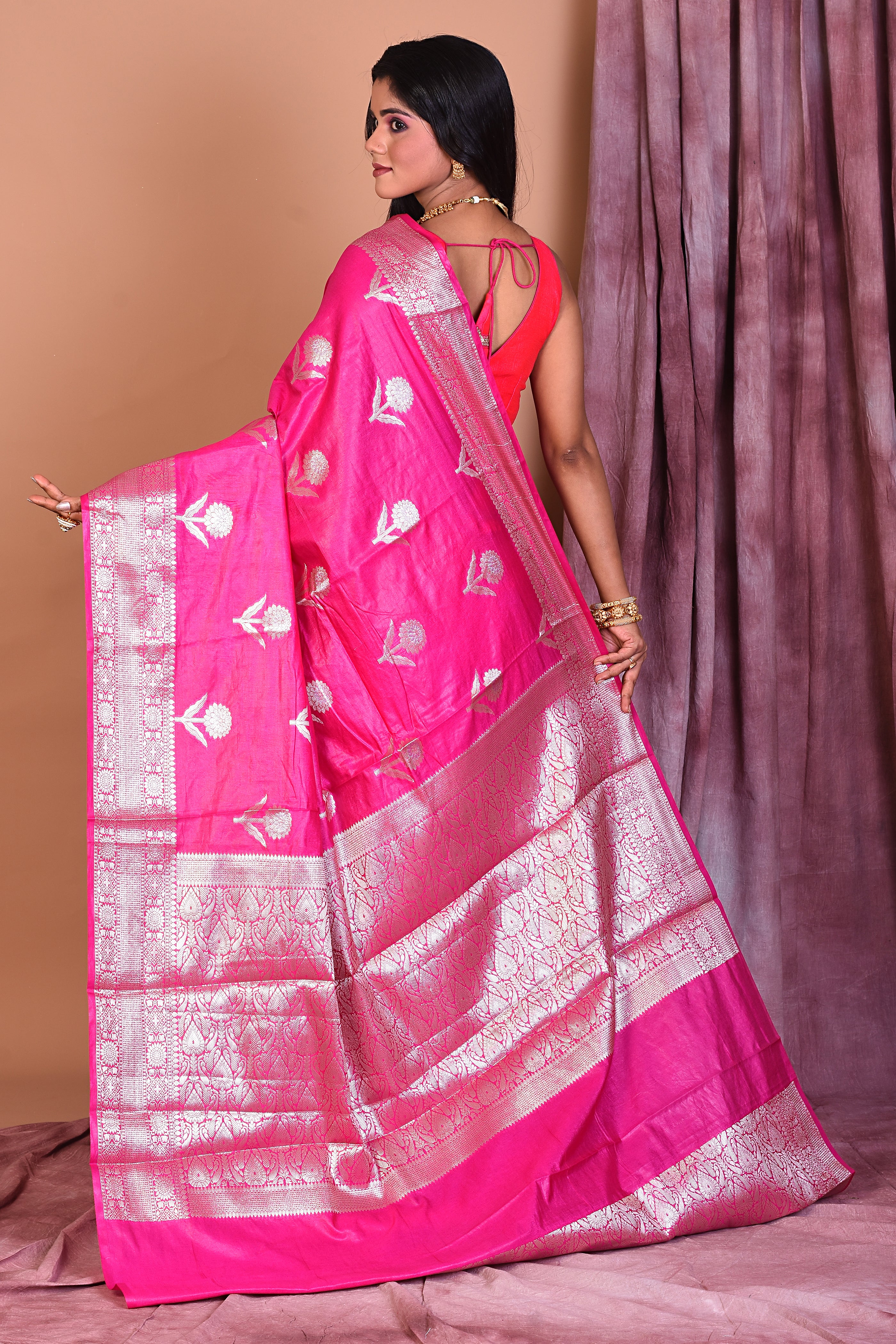 Pink Blended Semi Katan Saree with Golden Border - Keya Seth Exclusive