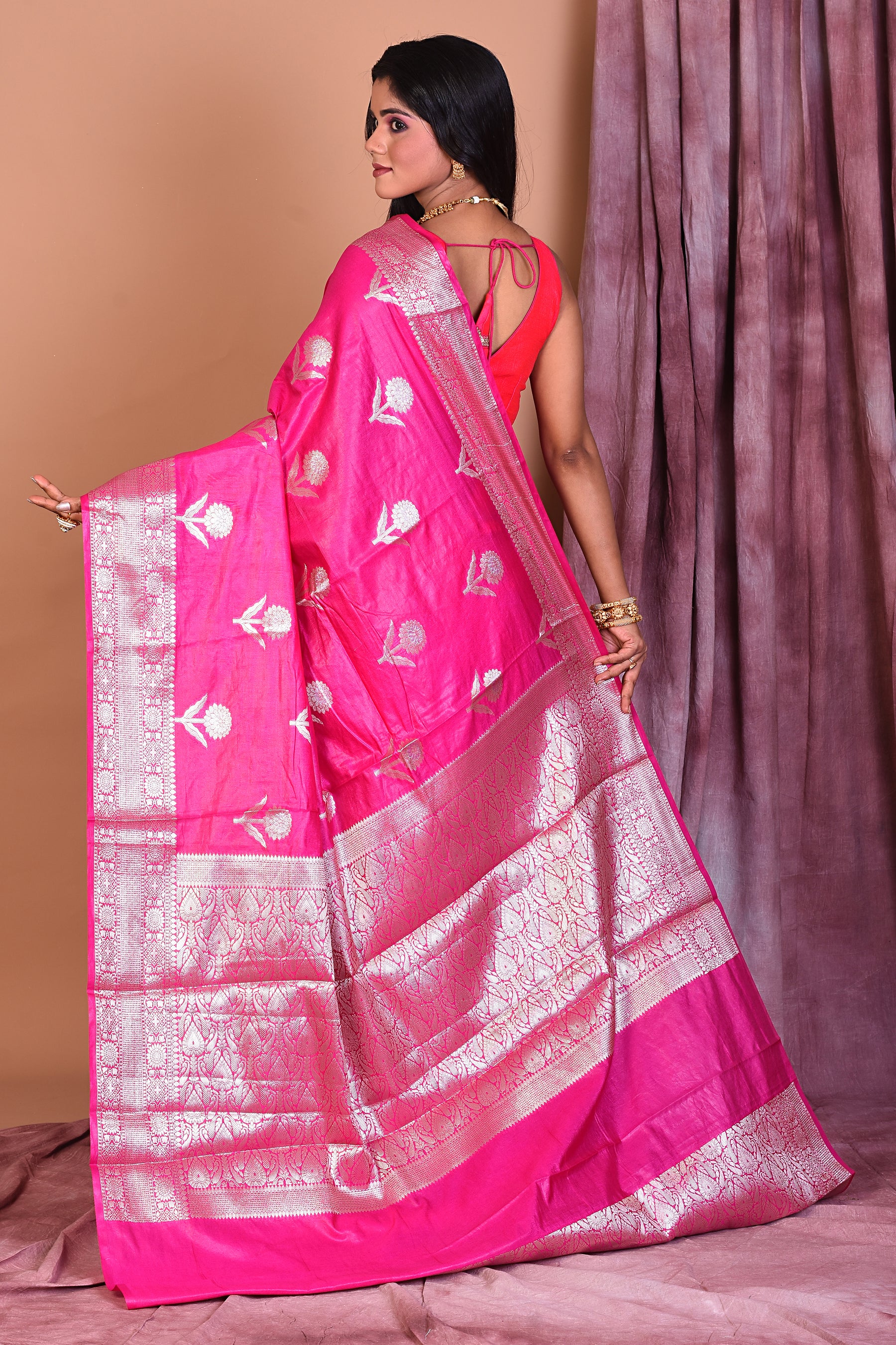 Pink Blended Semi Katan Saree with Golden Border - Keya Seth Exclusive