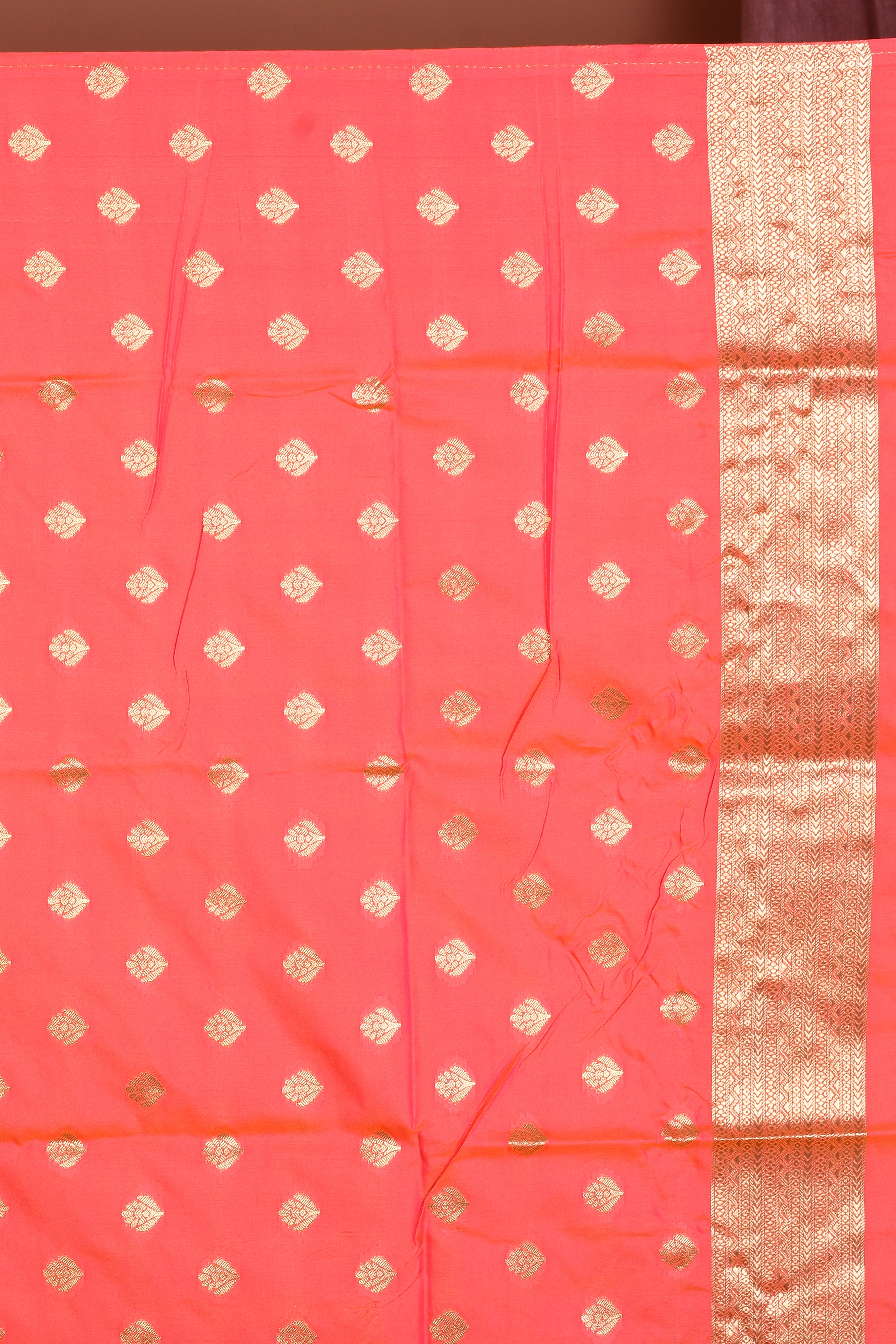 Dual Tone Off-white Blended Semi Katan Saree with Peach Border - Keya Seth Exclusive