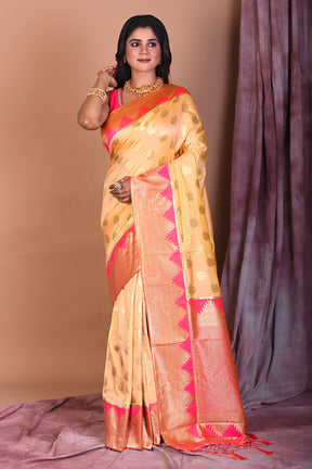 Dual Tone Off-white Blended Semi Katan Saree with Peach Border - Keya Seth Exclusive