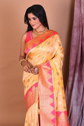 Dual Tone Off-white Blended Semi Katan Saree with Peach Border - Keya Seth Exclusive