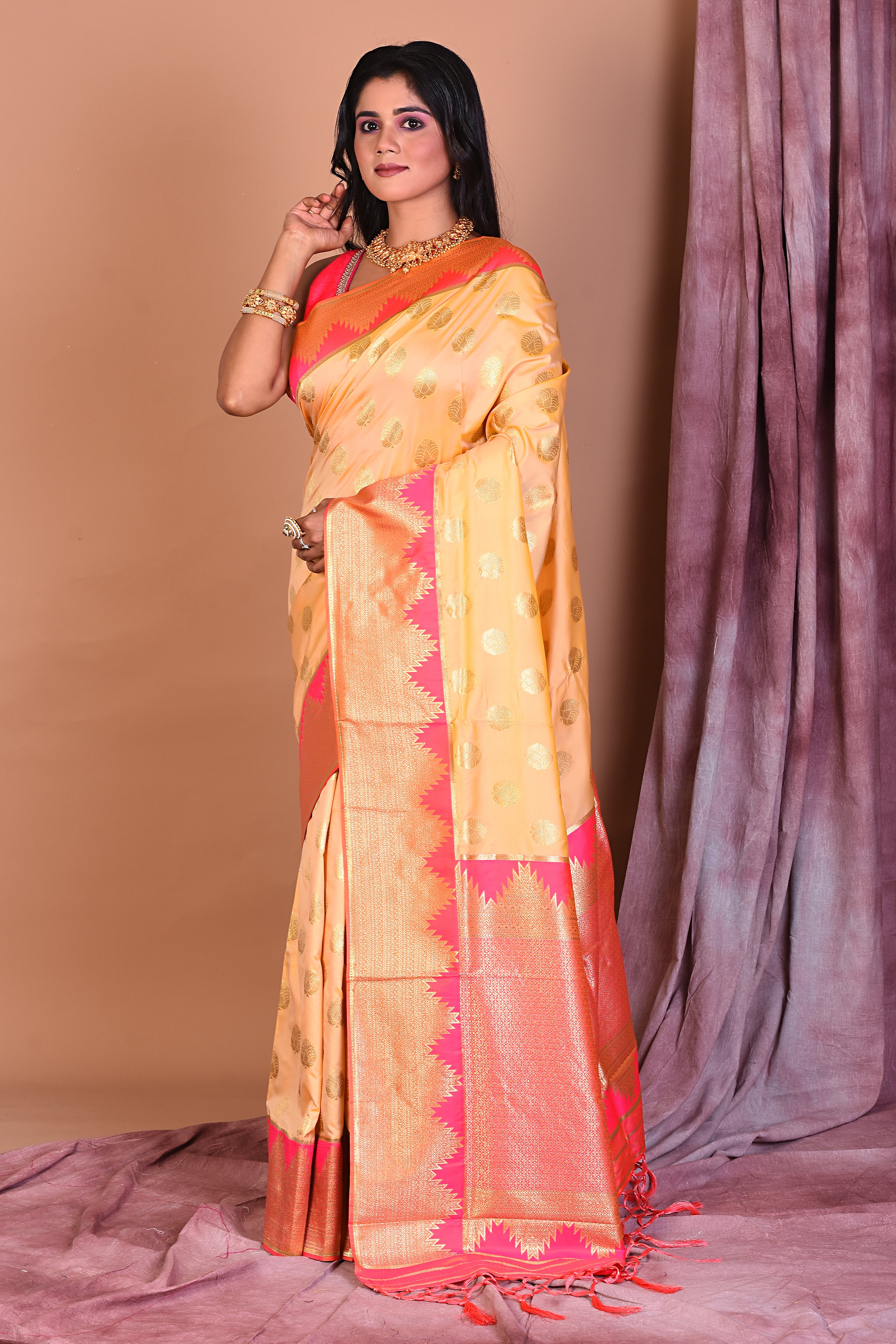 Dual Tone Off-white Blended Semi Katan Saree with Peach Border - Keya Seth Exclusive