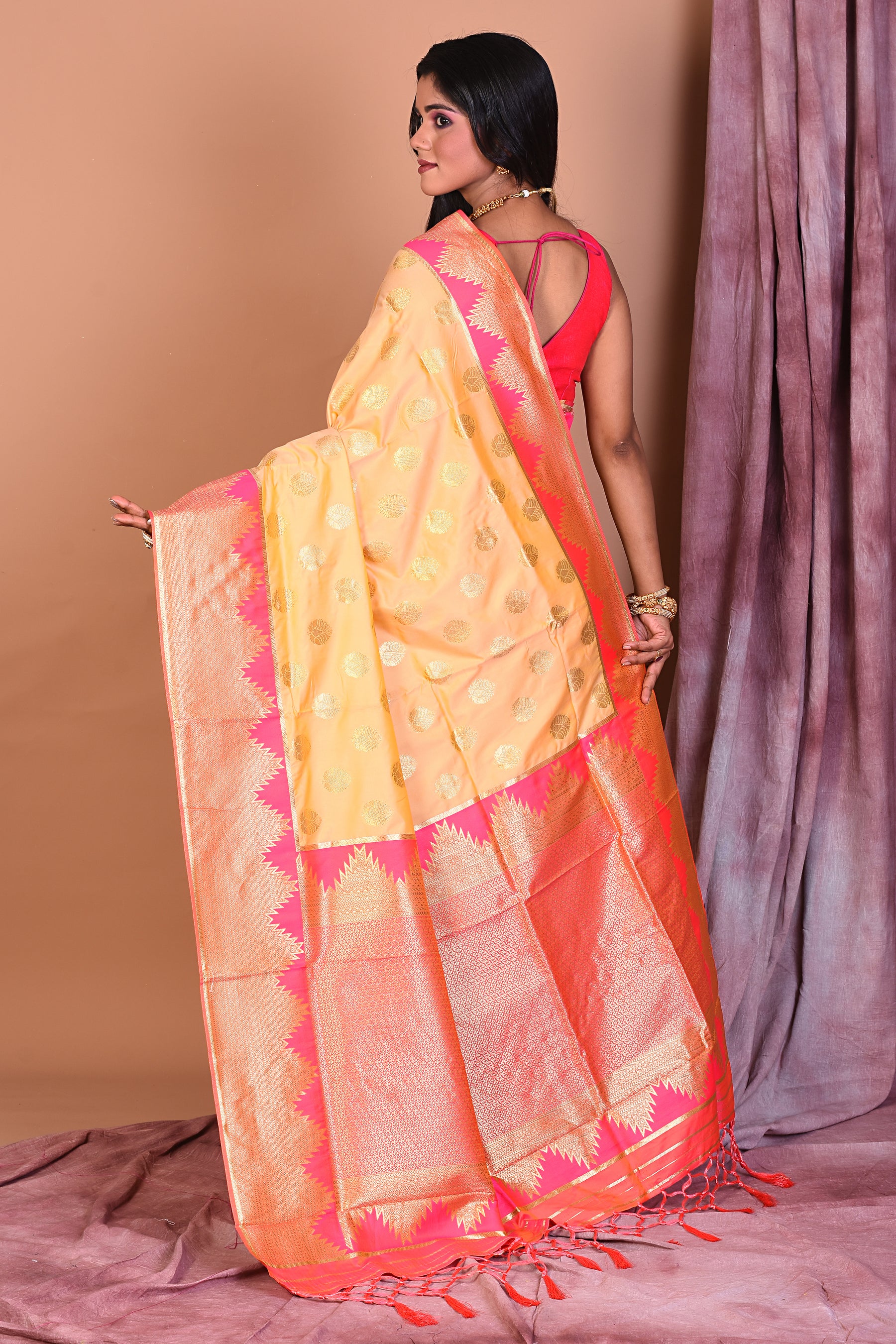 Dual Tone Off-white Blended Semi Katan Saree with Peach Border - Keya Seth Exclusive