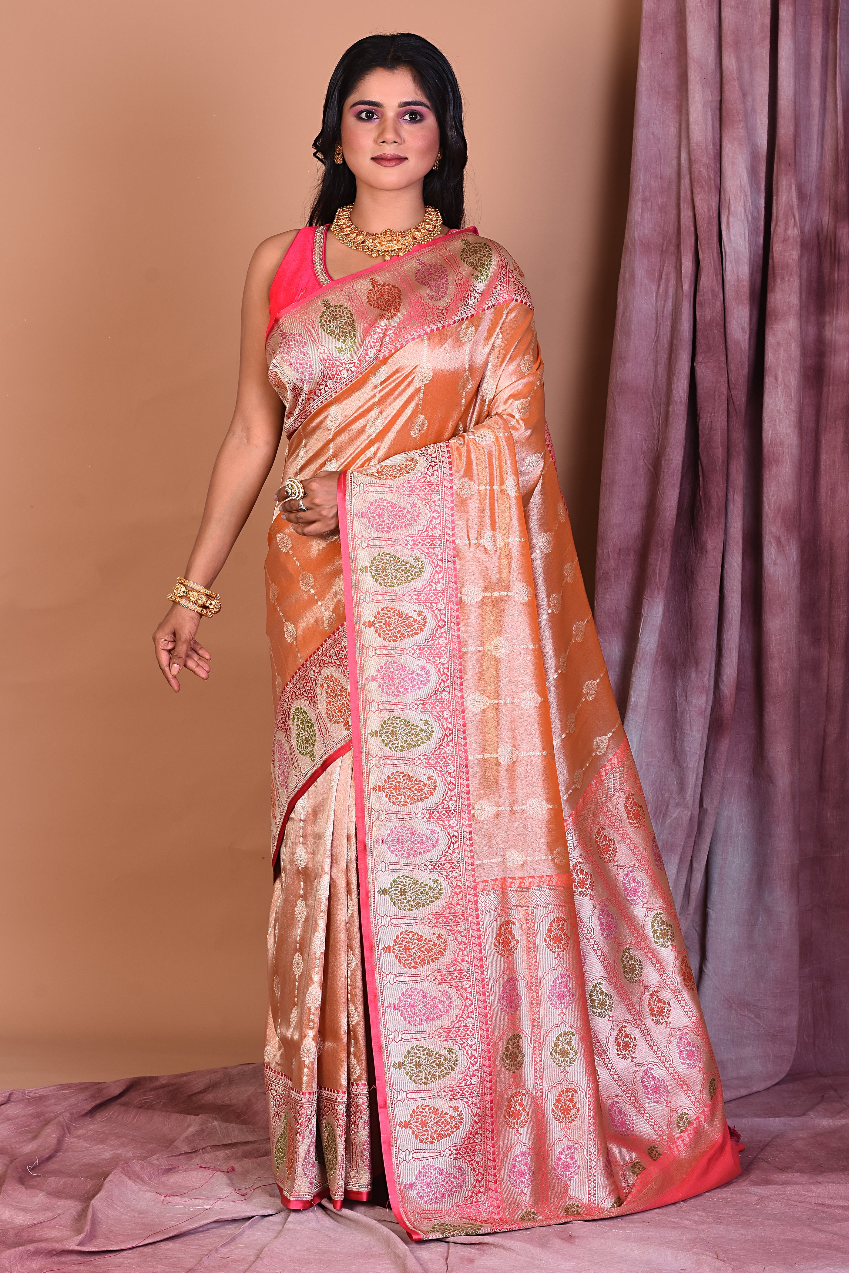 Peach Blended Tissue Saree with Meenakari Works - Keya Seth Exclusive