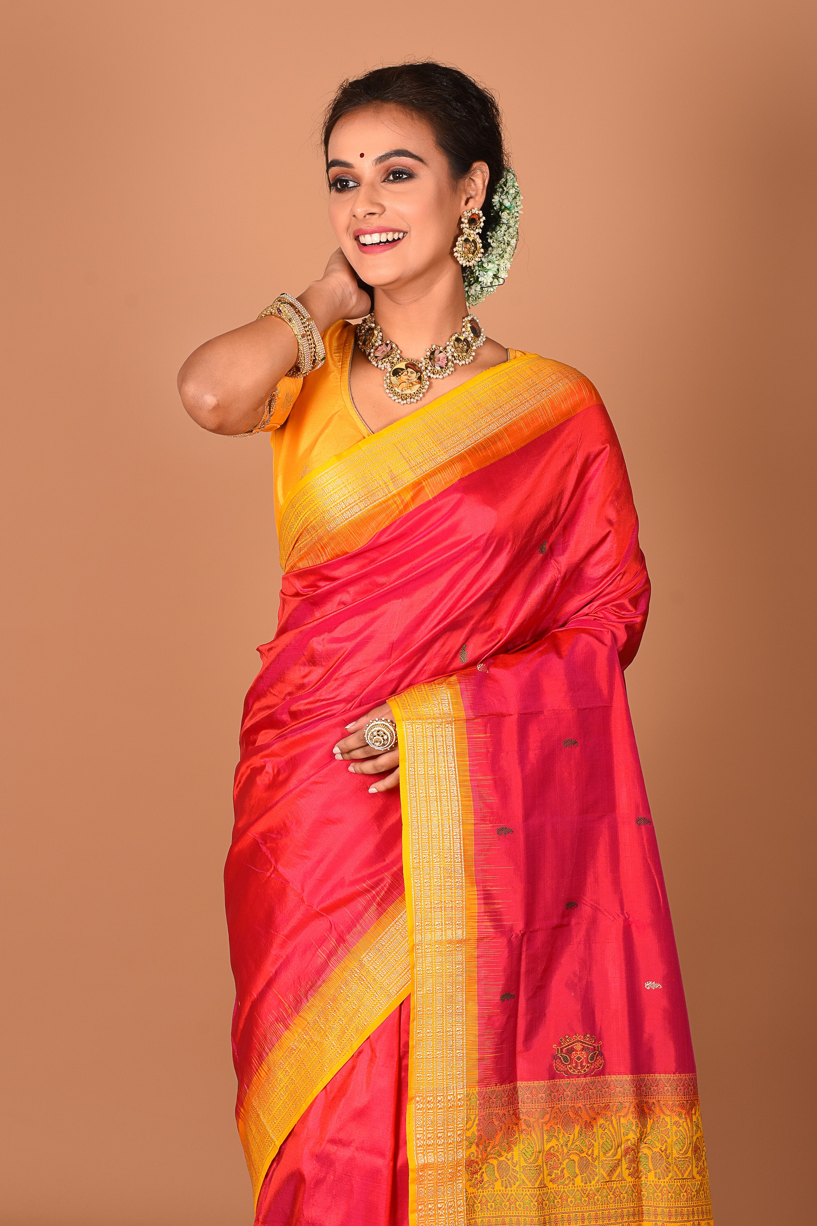 Peachy Pink Pure Bomkai Saree - Keya Seth Exclusive