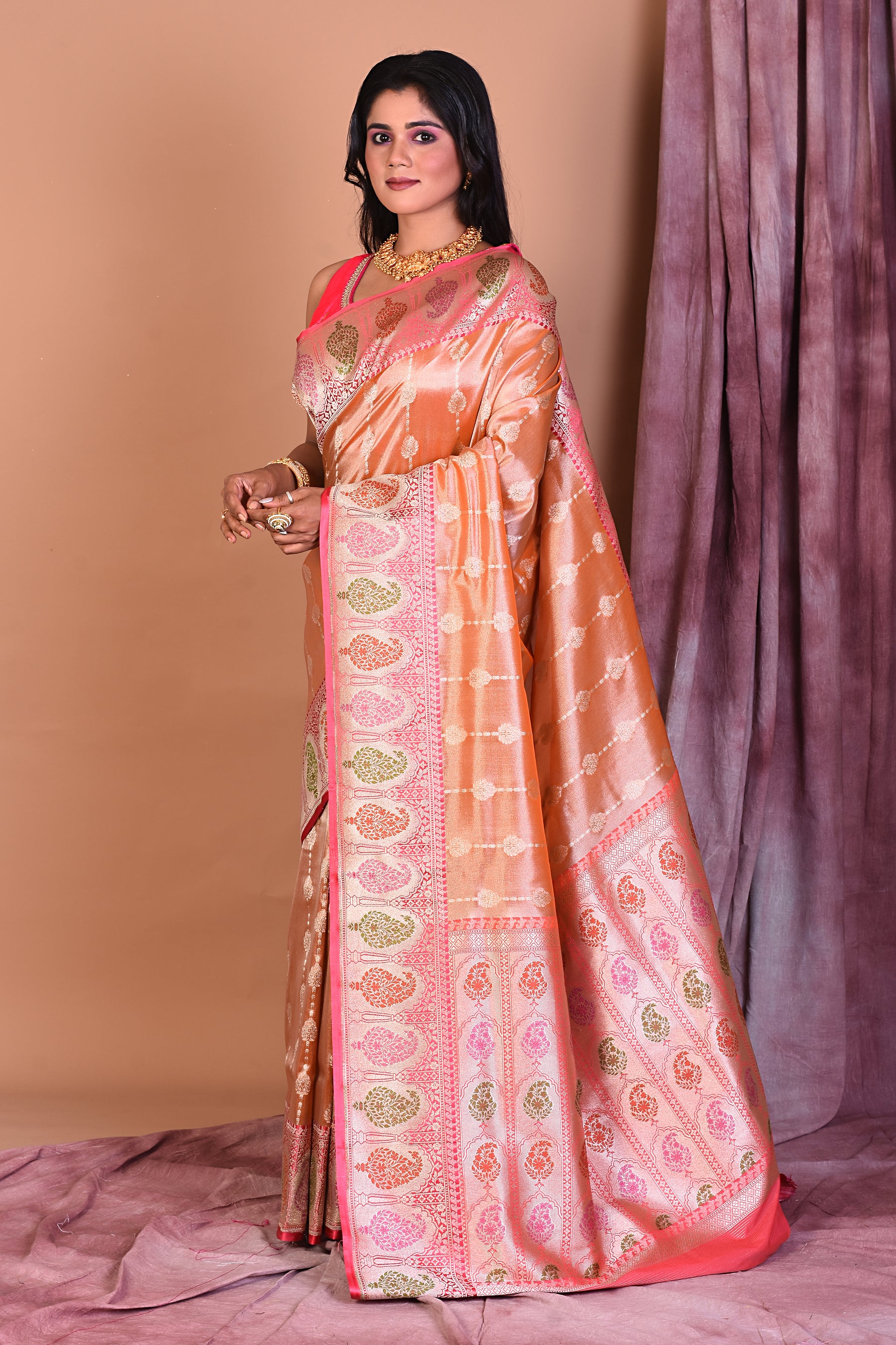 Peach Blended Tissue Saree with Meenakari Works - Keya Seth Exclusive