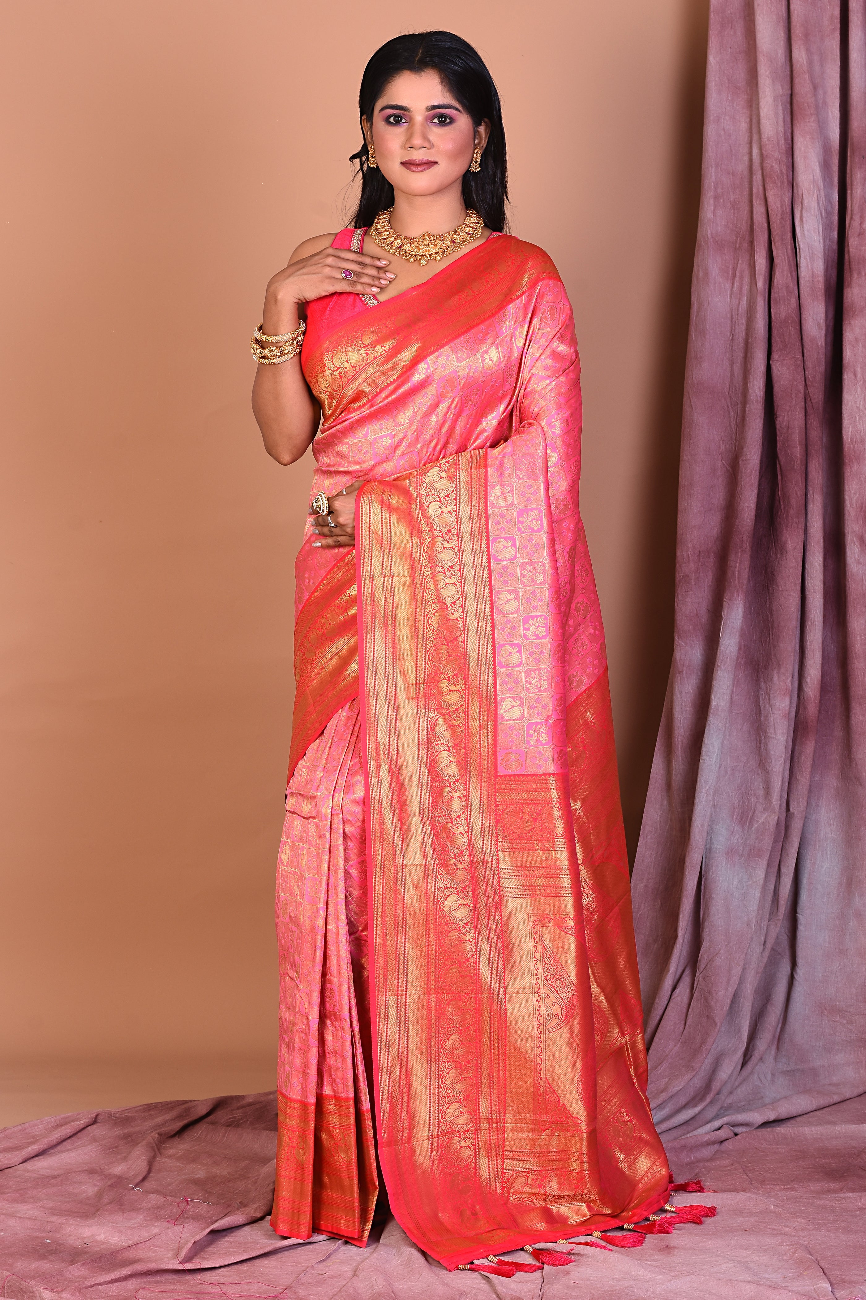 Pink Blended Dupion Silk Saree with Golden Border - Keya Seth Exclusive