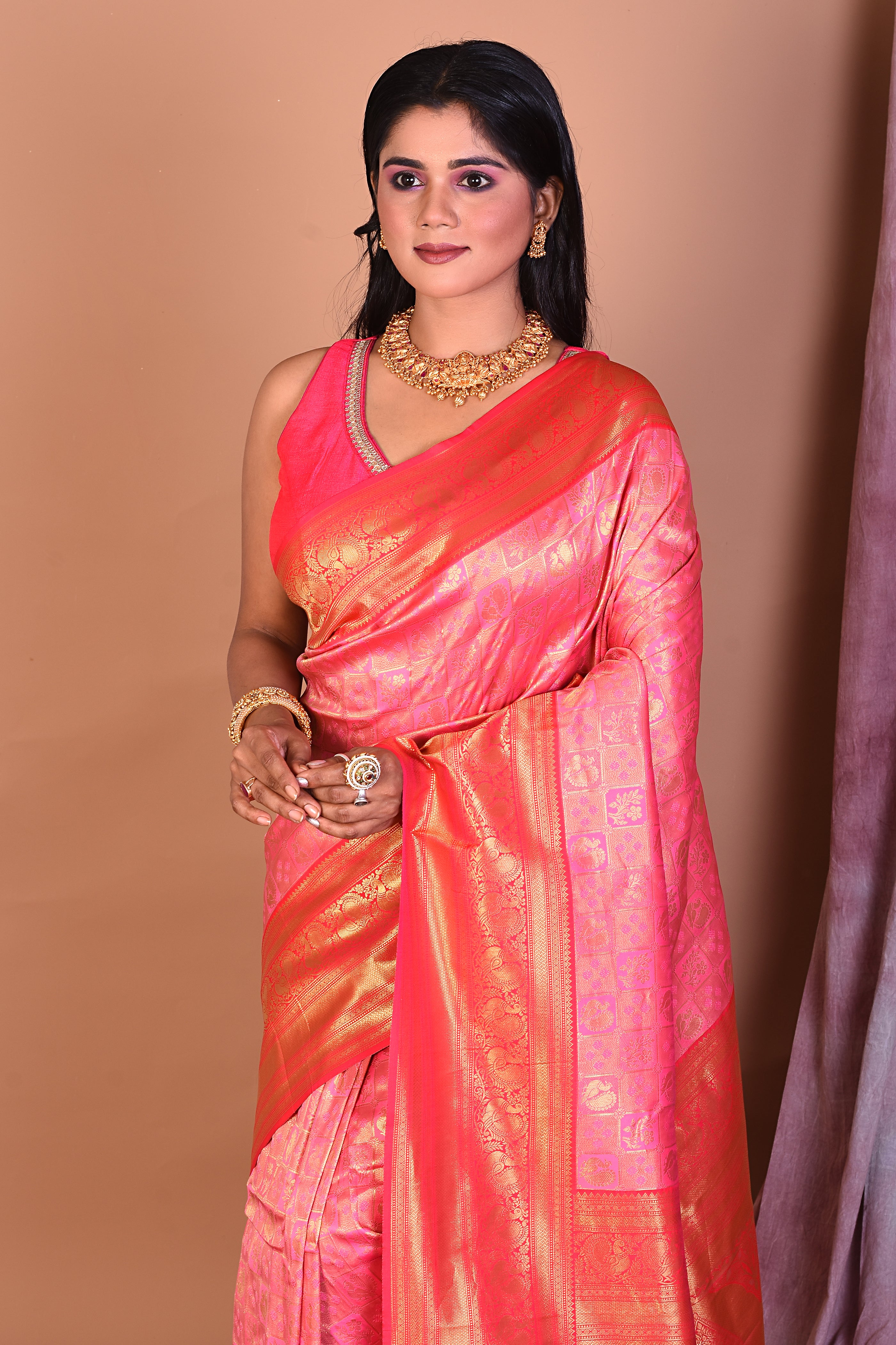 Pink Blended Dupion Silk Saree with Golden Border - Keya Seth Exclusive