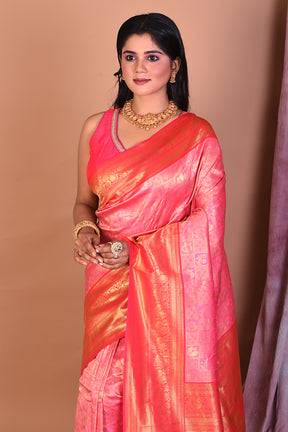 Pink Blended Dupion Silk Saree with Golden Border - Keya Seth Exclusive