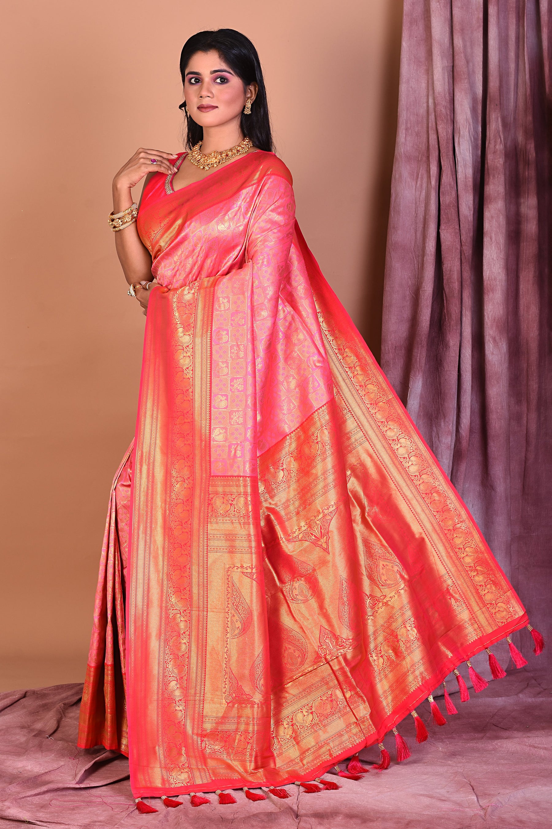 Pink Blended Dupion Silk Saree with Golden Border - Keya Seth Exclusive