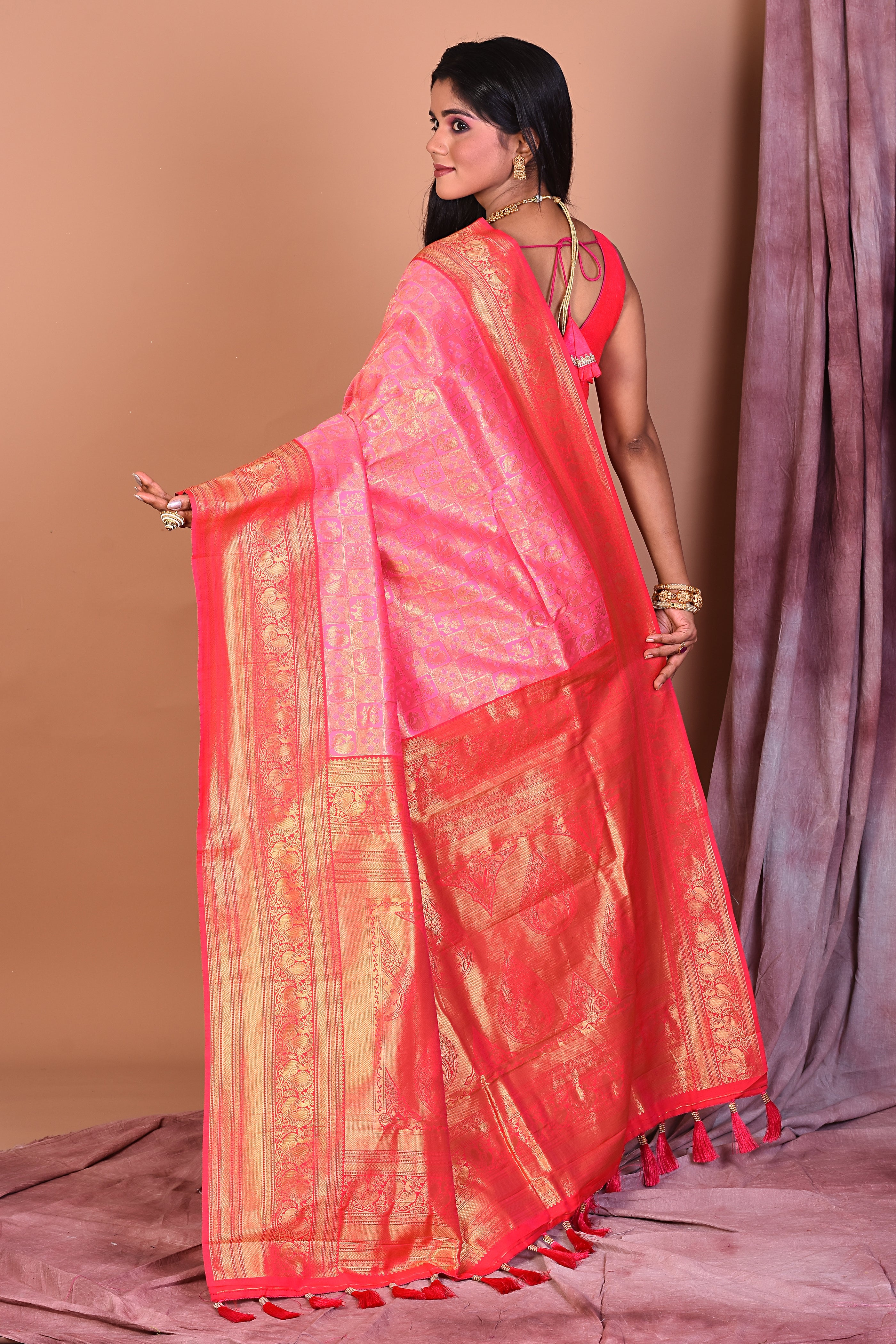 Pink Blended Dupion Silk Saree with Golden Border - Keya Seth Exclusive