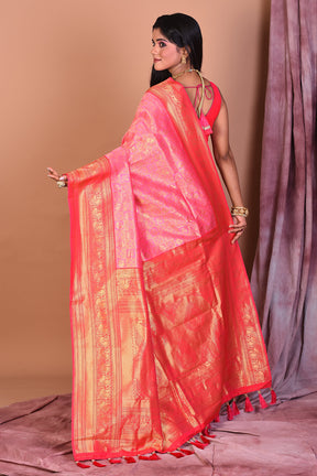 Pink Blended Dupion Silk Saree with Golden Border - Keya Seth Exclusive