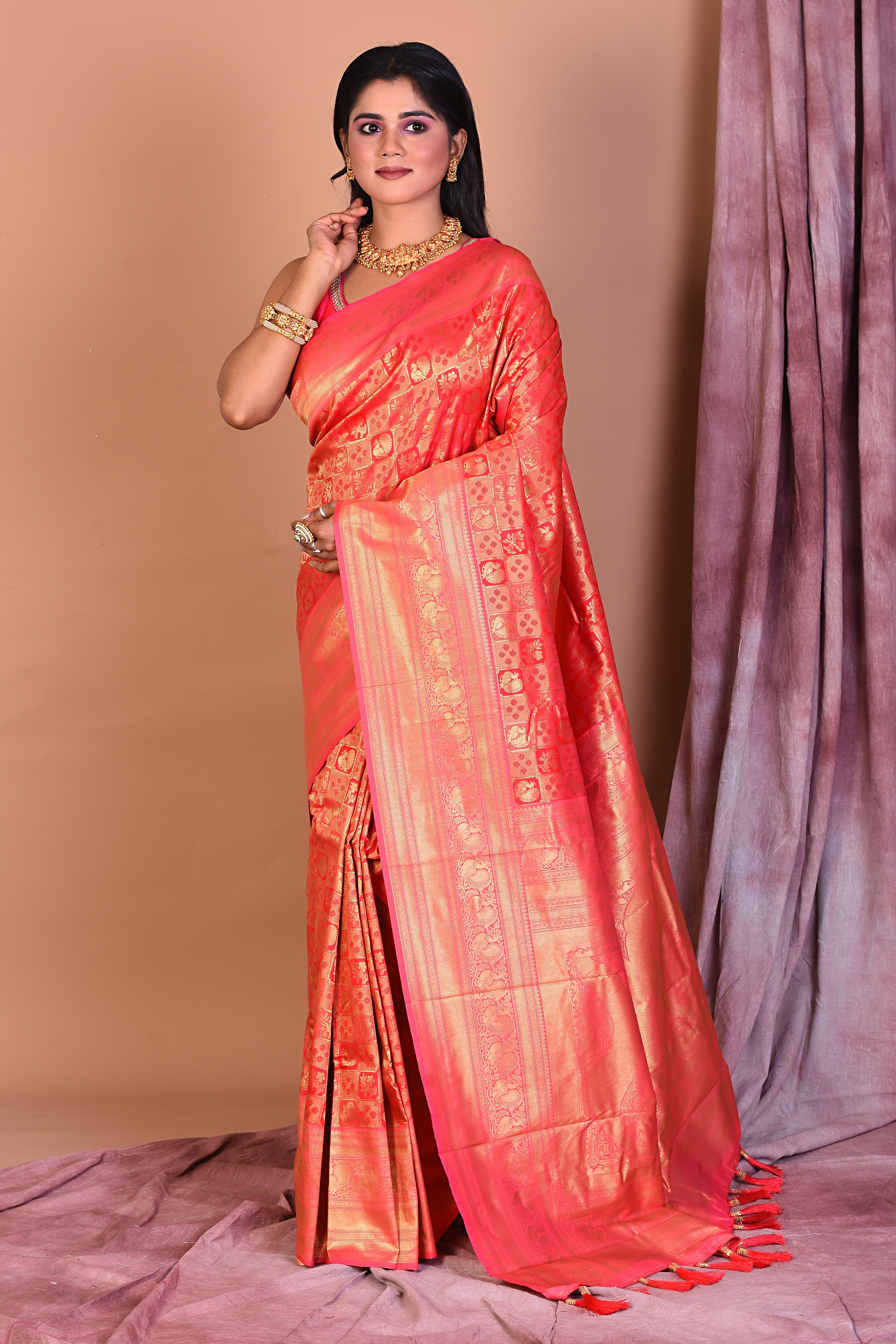 Red Blended Dupion Silk Saree with Golden Border - Keya Seth Exclusive