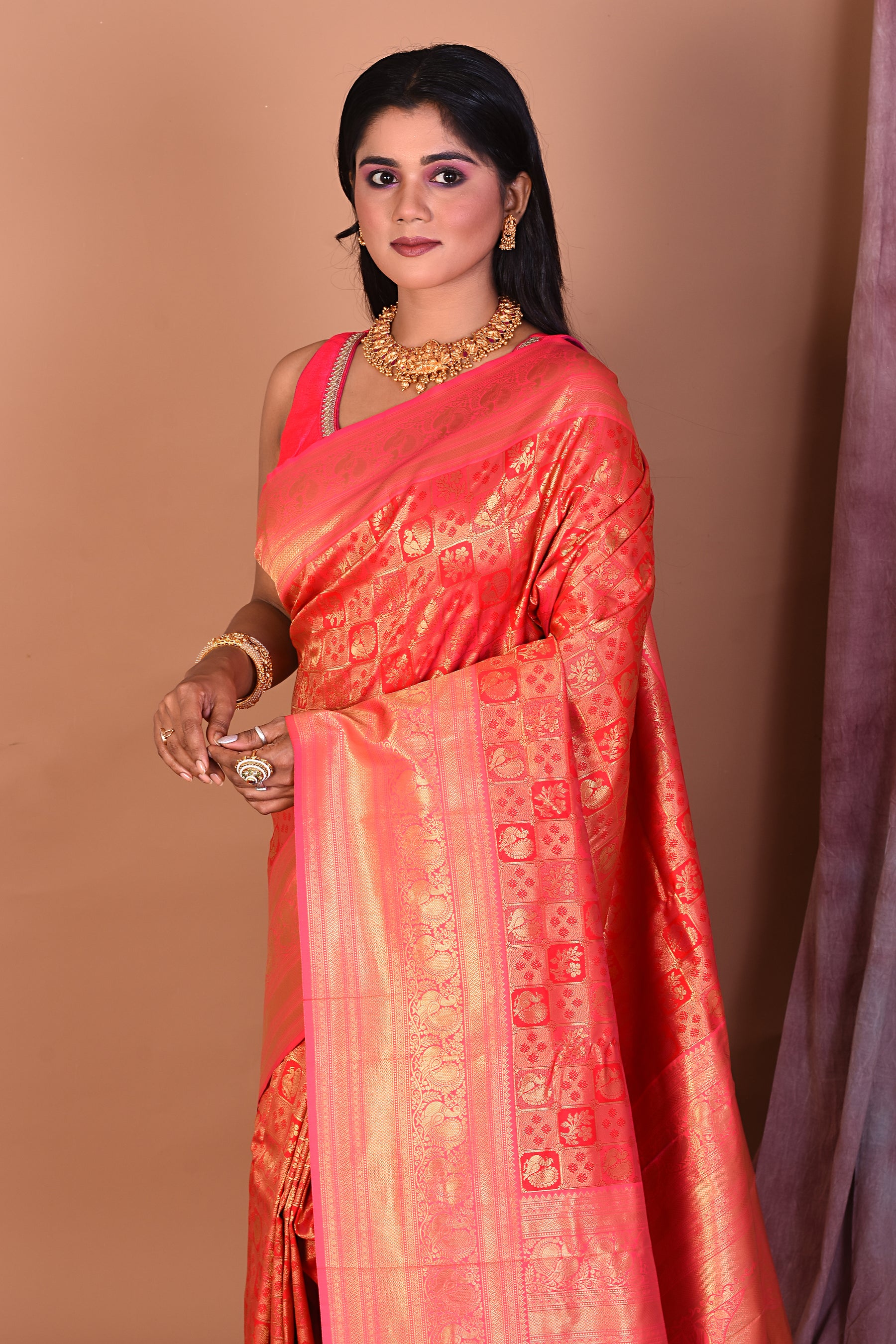 Red Blended Dupion Silk Saree with Golden Border - Keya Seth Exclusive