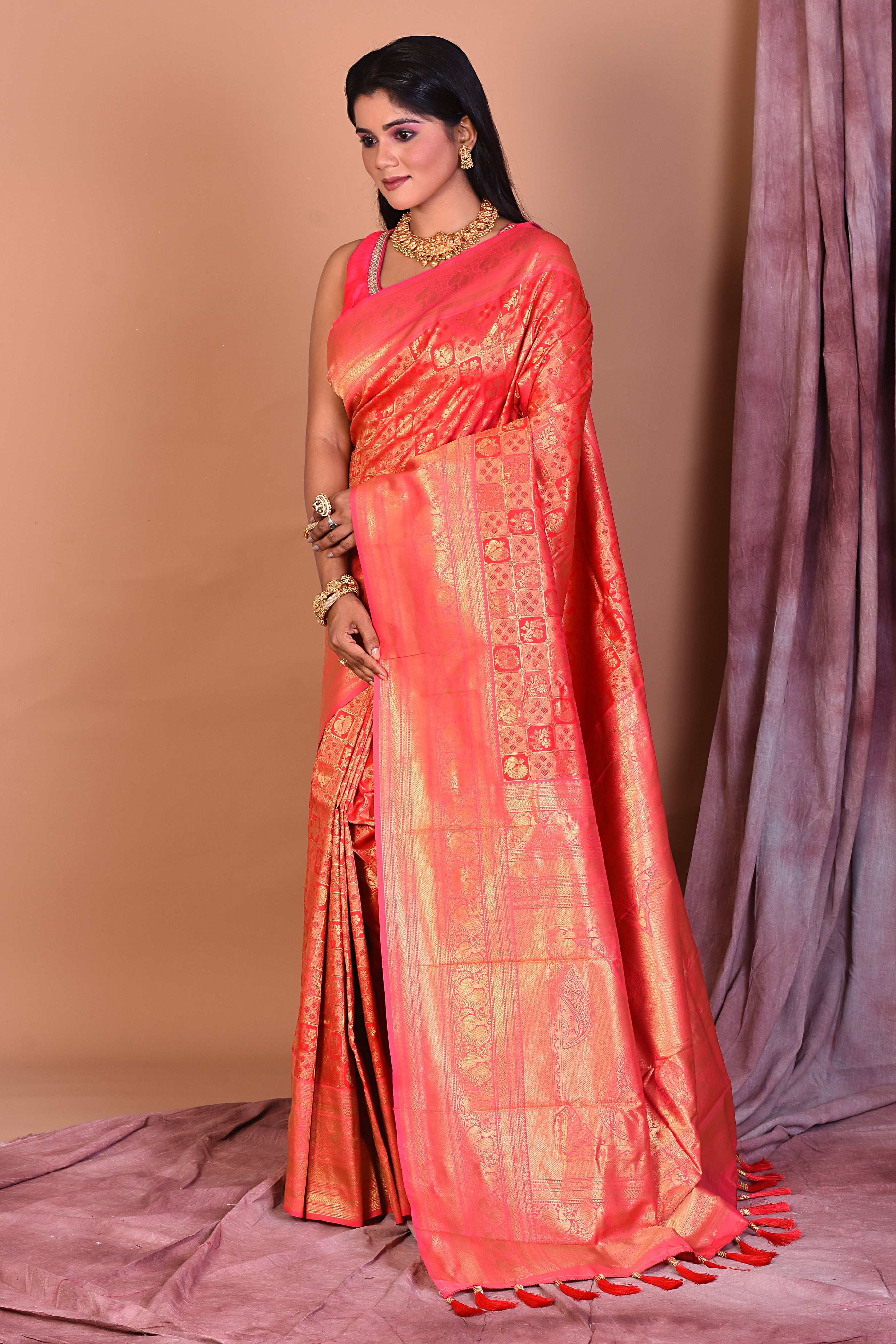 Red Blended Dupion Silk Saree with Golden Border - Keya Seth Exclusive