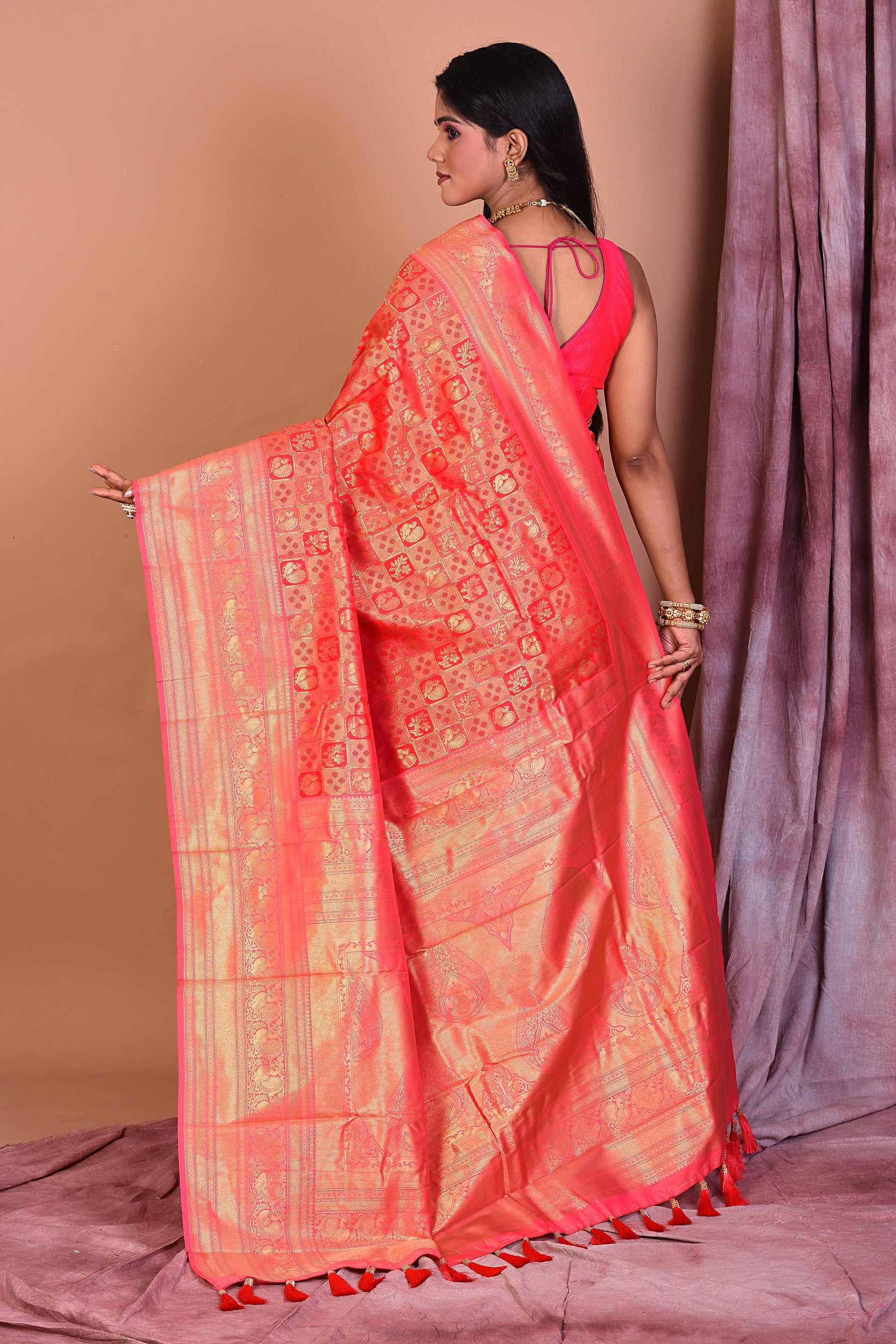 Red Blended Dupion Silk Saree with Golden Border - Keya Seth Exclusive