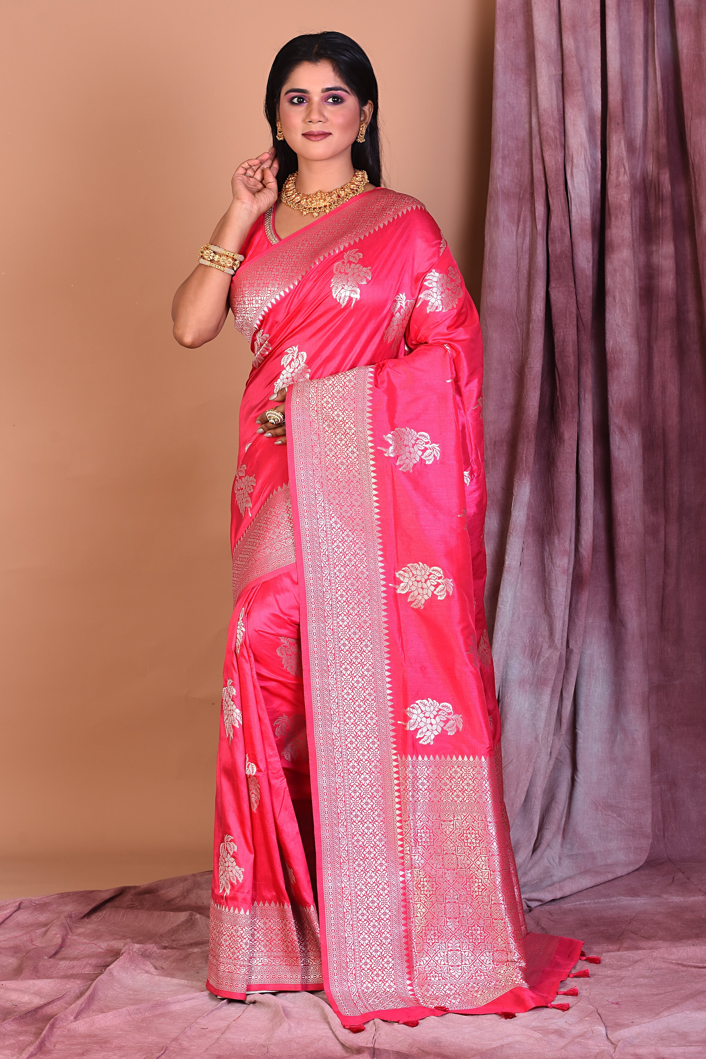 Rani Art Silk Saree with Golden Borders - Keya Seth Exclusive